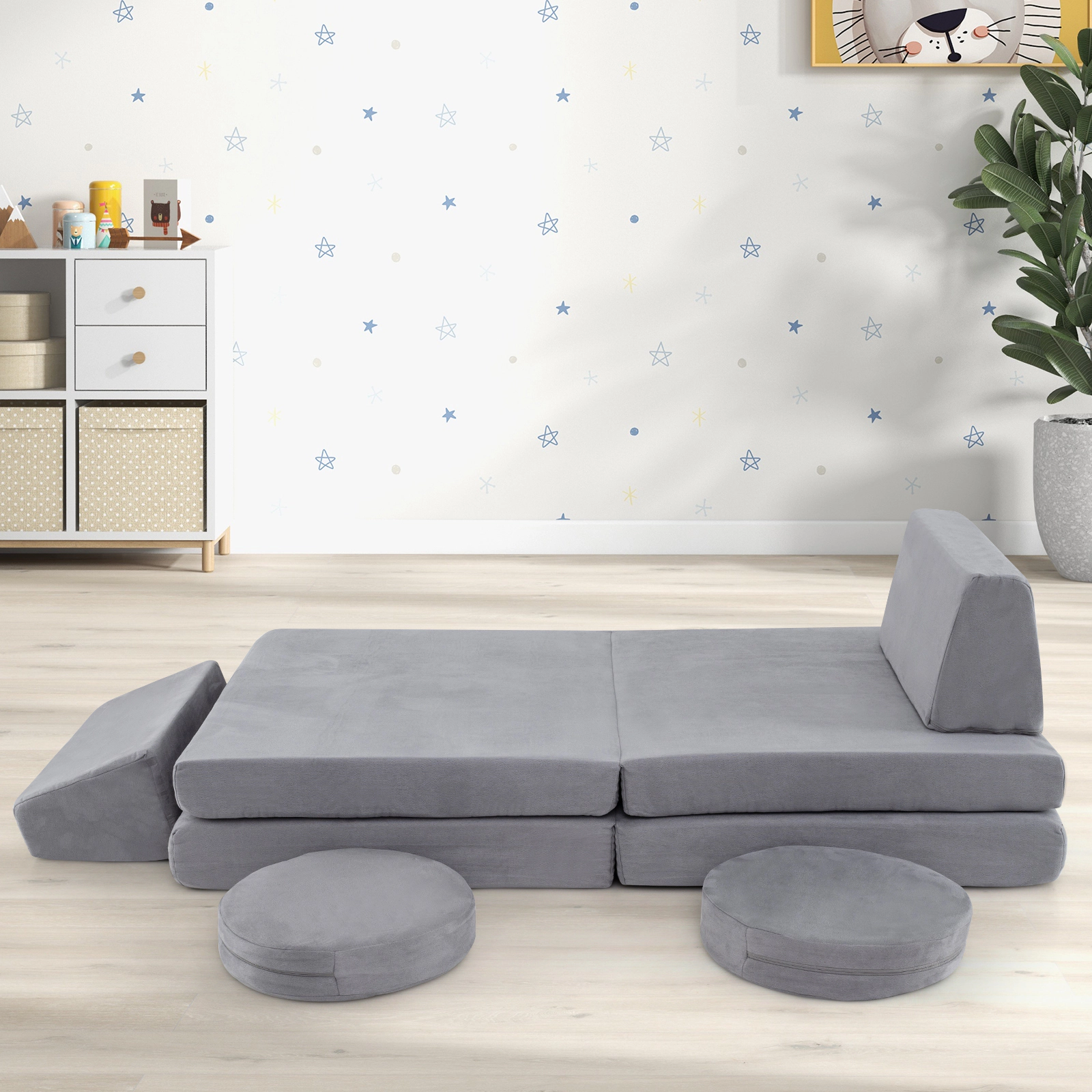 SUGIFT 6-Piece Modular Kids Foam Play Couch Chair Set with Washable Velvet Covers 50.5-in Wide Ages 3+ Gray
