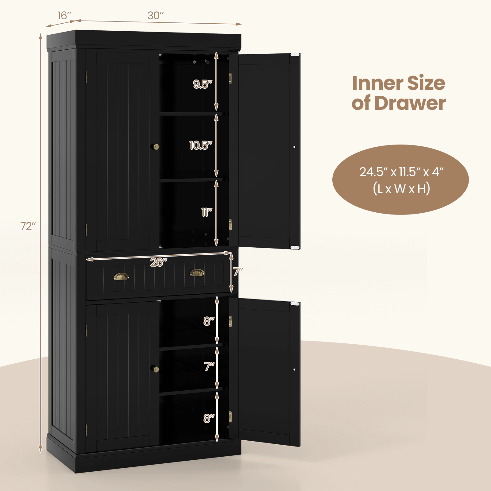 SUGIFT 72-in Tall Black Narrow Storage Cabinet with Doors Drawer and Adjustable Shelves for Laundry