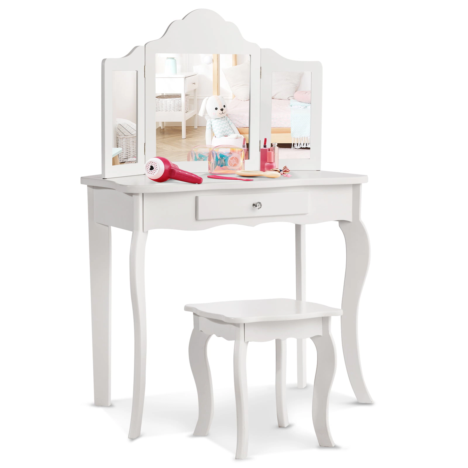 SUGIFT Kids Makeup Dressing Mirror Vanity Table & Stool Set 27.5-in Dresser 33-lb & 66-lb Capacity Pink/White 2-Piece