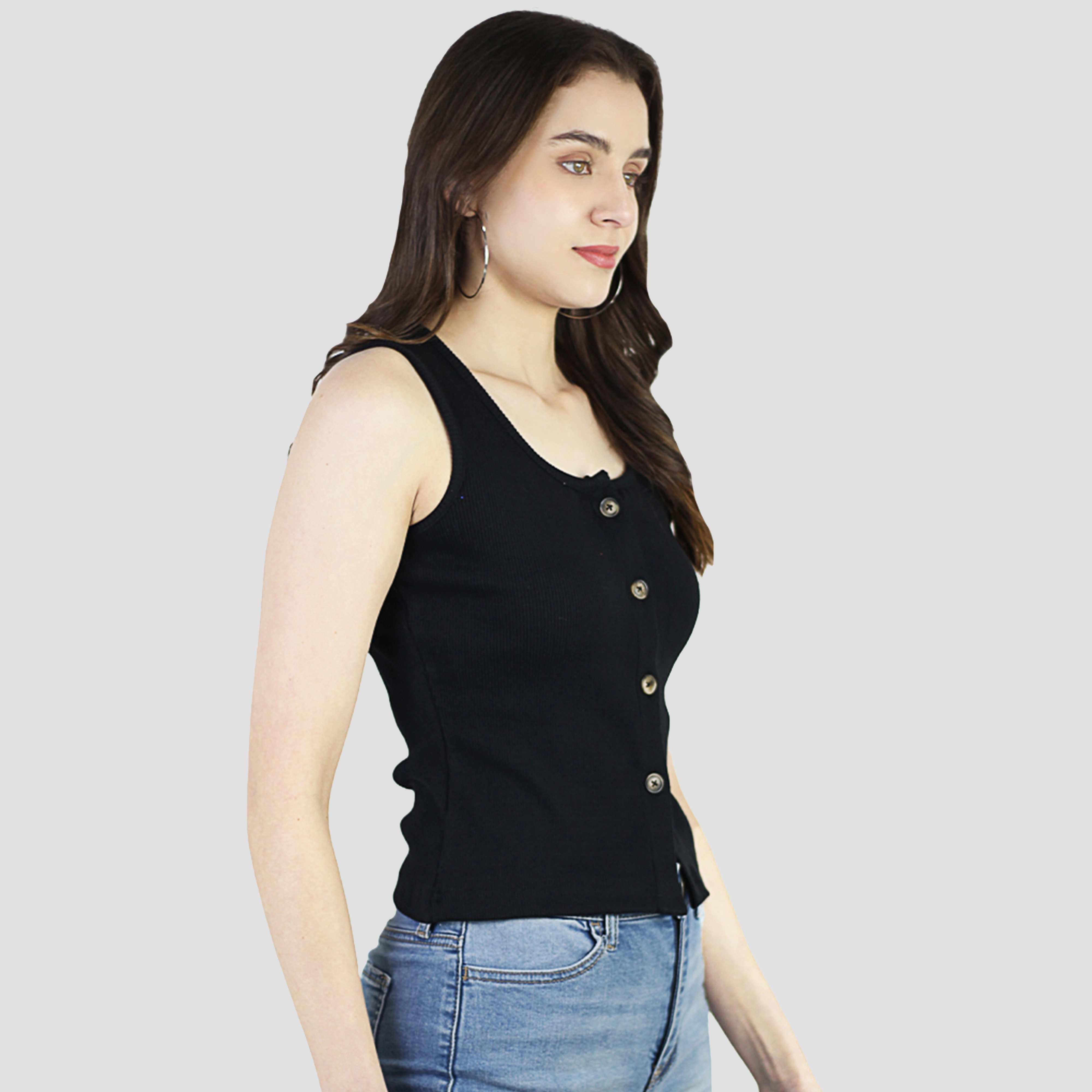 Artyska Women's  Round Neck Ribbed Knit Button Down Sleeveless Casual Tank Crop Tops