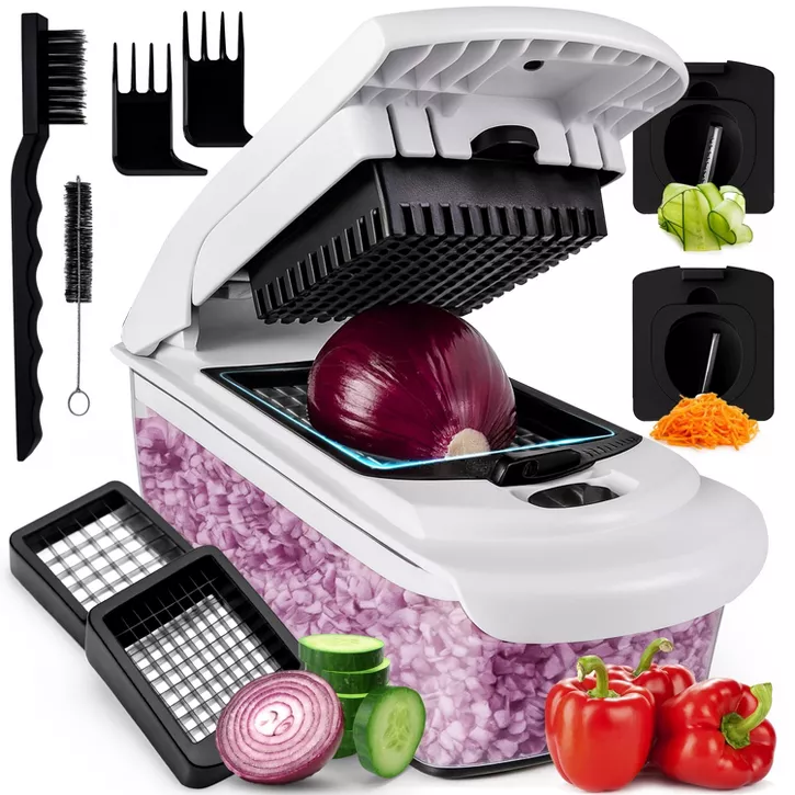 Luminuxe Multipurpose Vegetable Chopper & Spiralizer, 4‑in‑1 Heavy Duty Manual Food Slicer & Dicer w Meal Prep Container