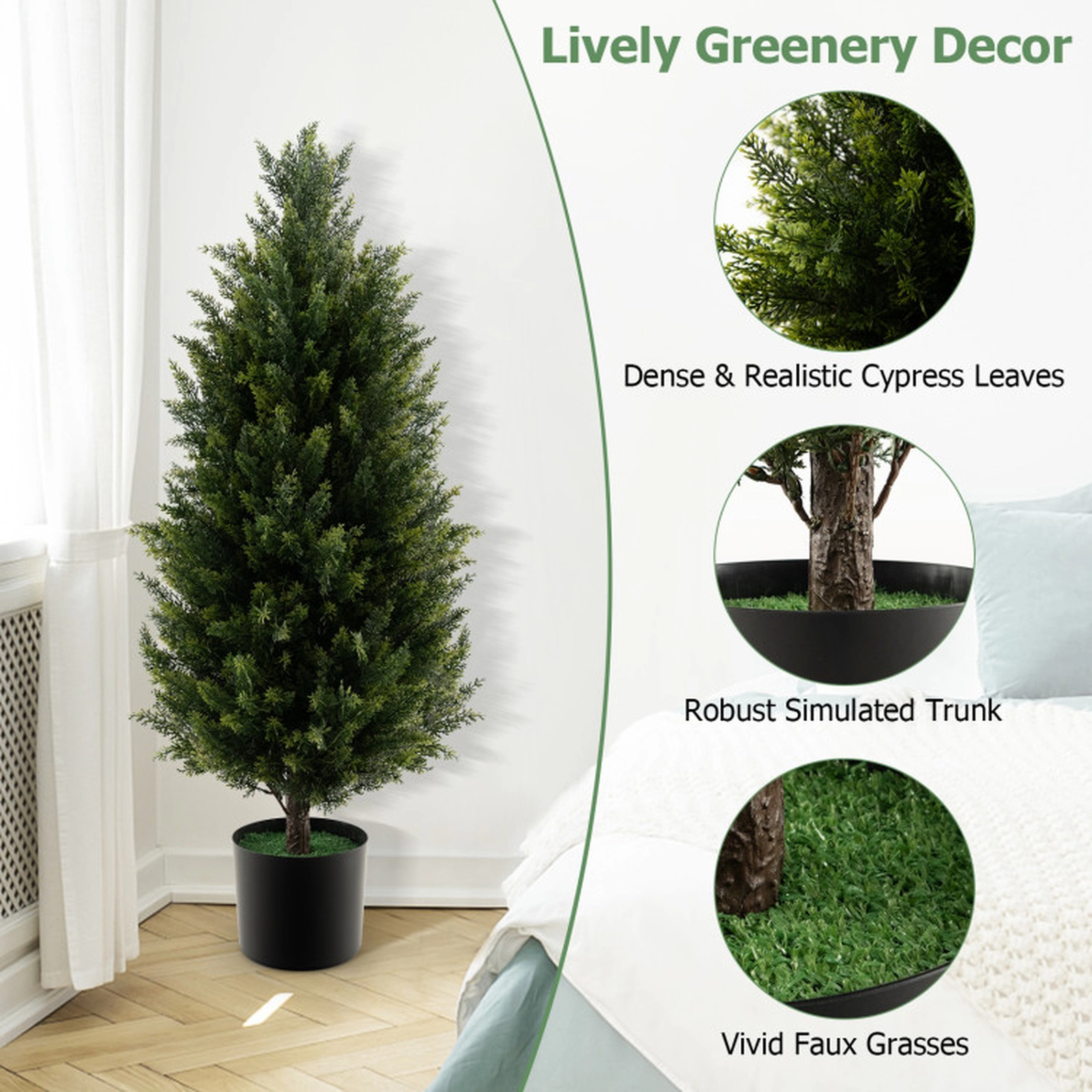SUGIFT Dense Foliage Artificial Cedar Topiary Tree with Cement Plastic Pot 37-in Tall Green and Black with Faux Moss