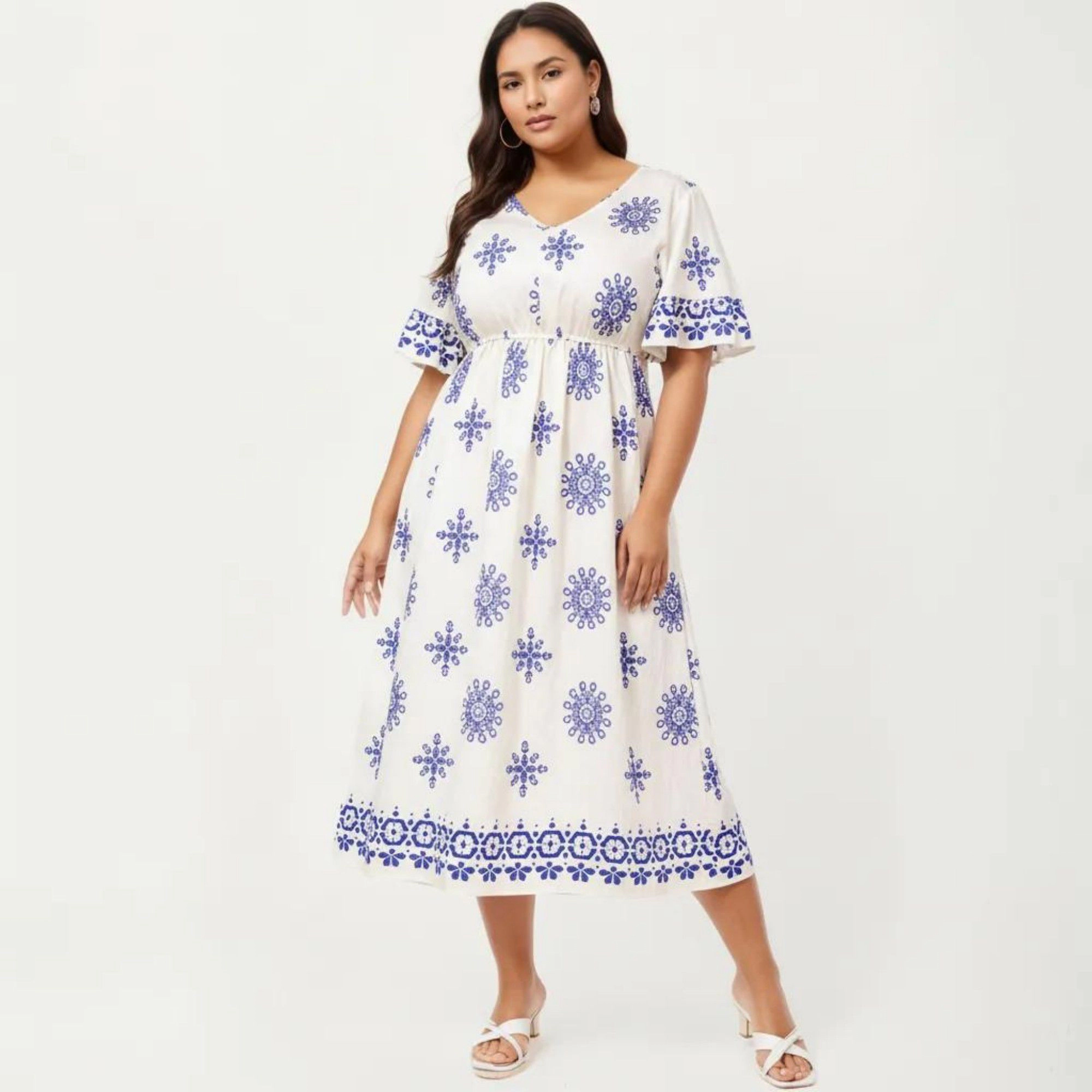 Anna-Kaci Women's Short Sleeve V Neck Elastic Waist All Over Print Border Detail Flowy Fit Casual Midi Dress