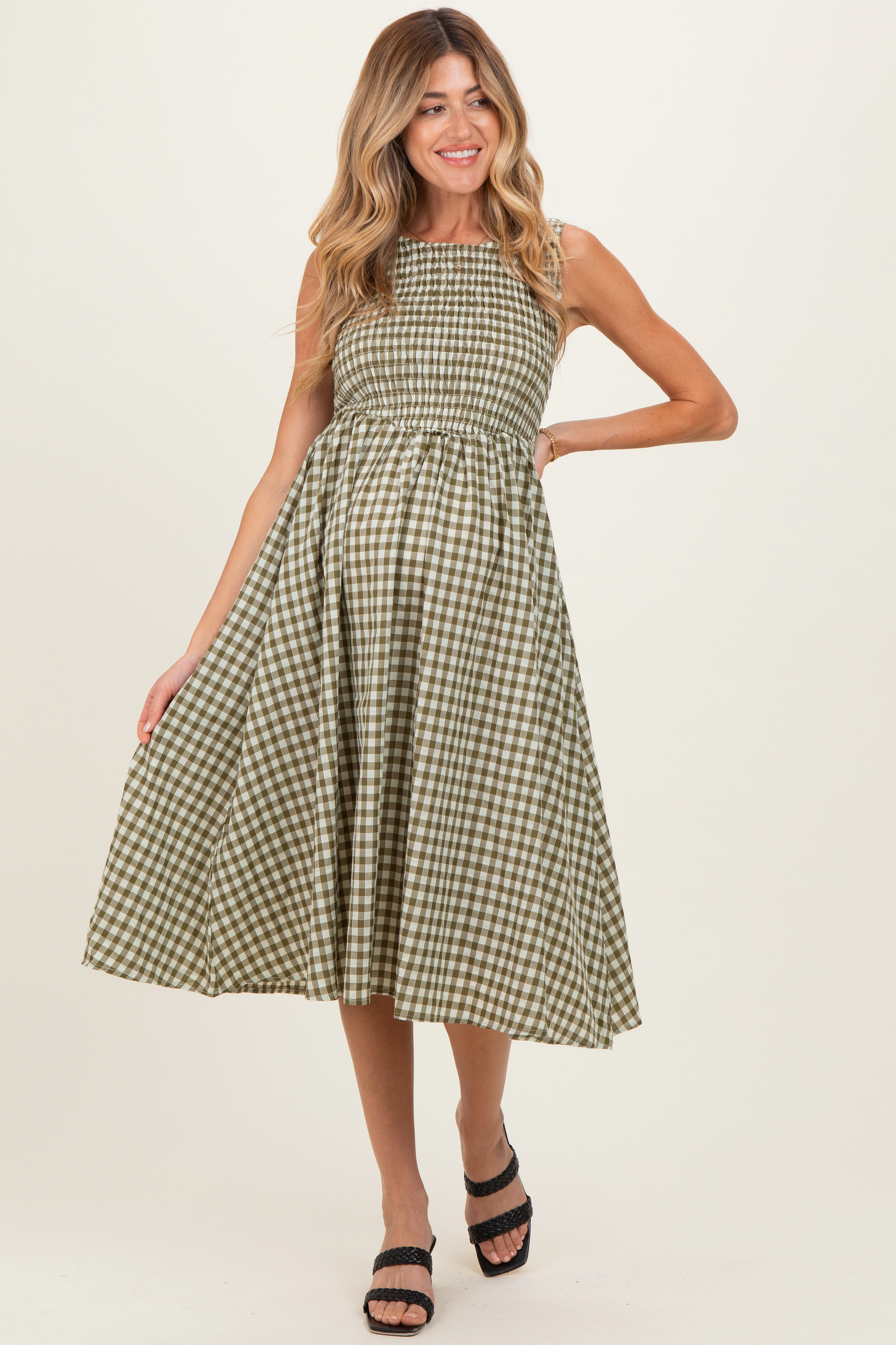 PinkBlush Womens Olive Gingham Smocked Sleeveless Maternity Midi Dress