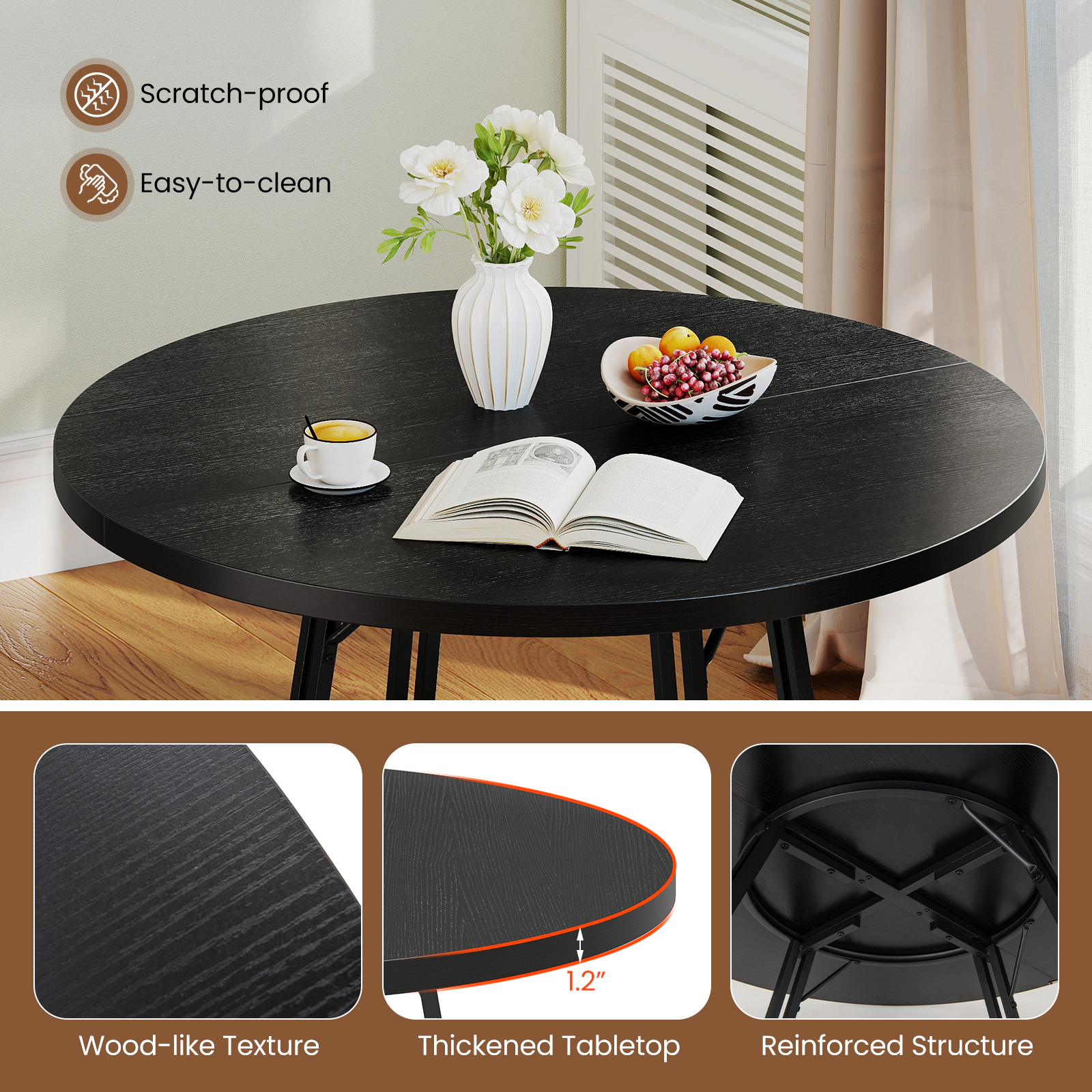 SUGIFT 47-in Round Dining Table for 4-6 People with Cross Metal Base 200-lb Capacity 47 x 30.5 in Black MDF Top