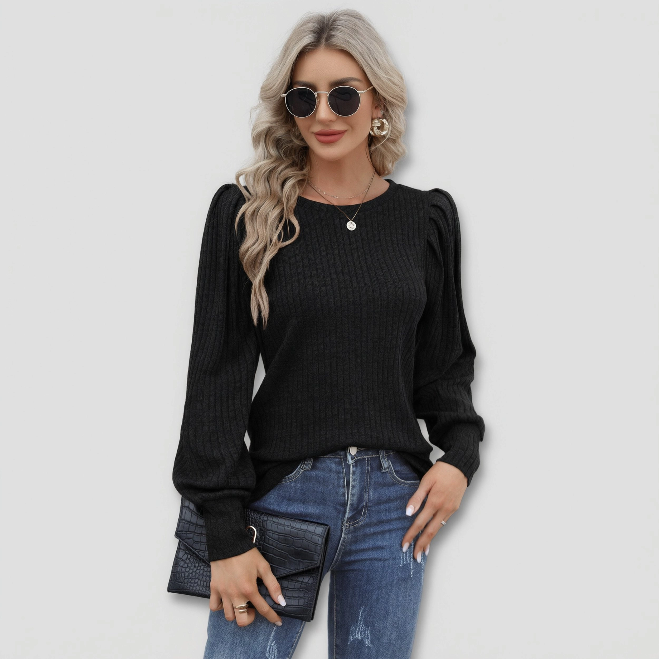 Zeagoo Women Puff Sleeve Round Neck Sweater