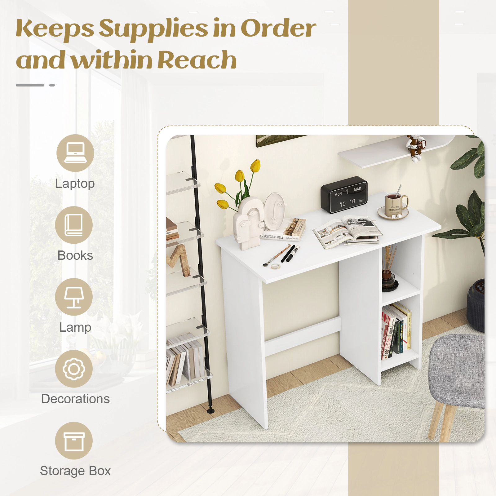 SUGIFT 31.5-Inch White Slim Writing Desk with Adjustable Shelf