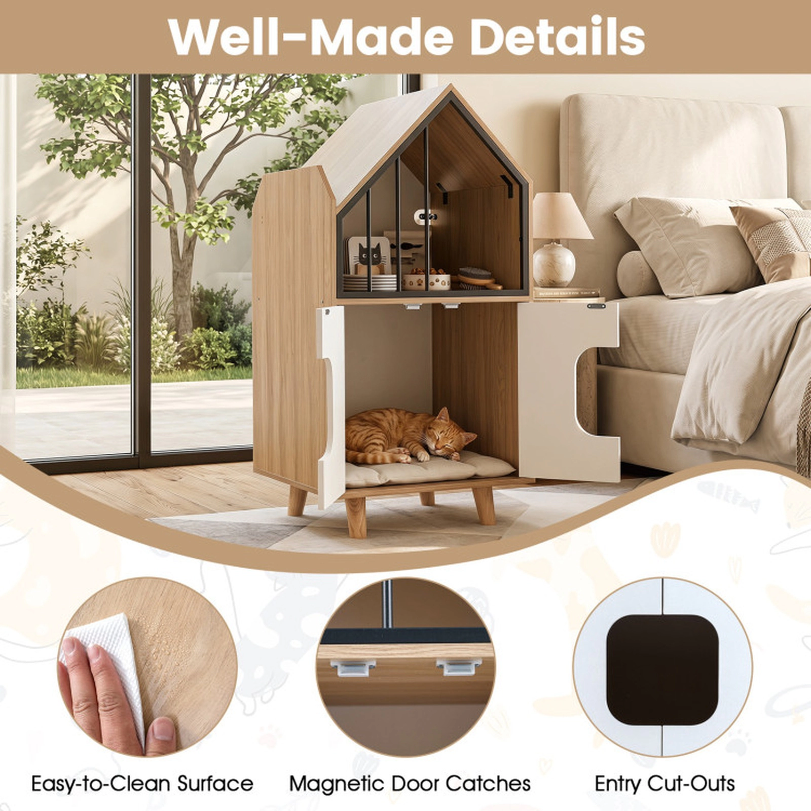 SUGIFT 20 x 39.5-in 44-lb Shelf Capacity Natural House-Shaped Tall Cat Litter Box Enclosure with Fence Window