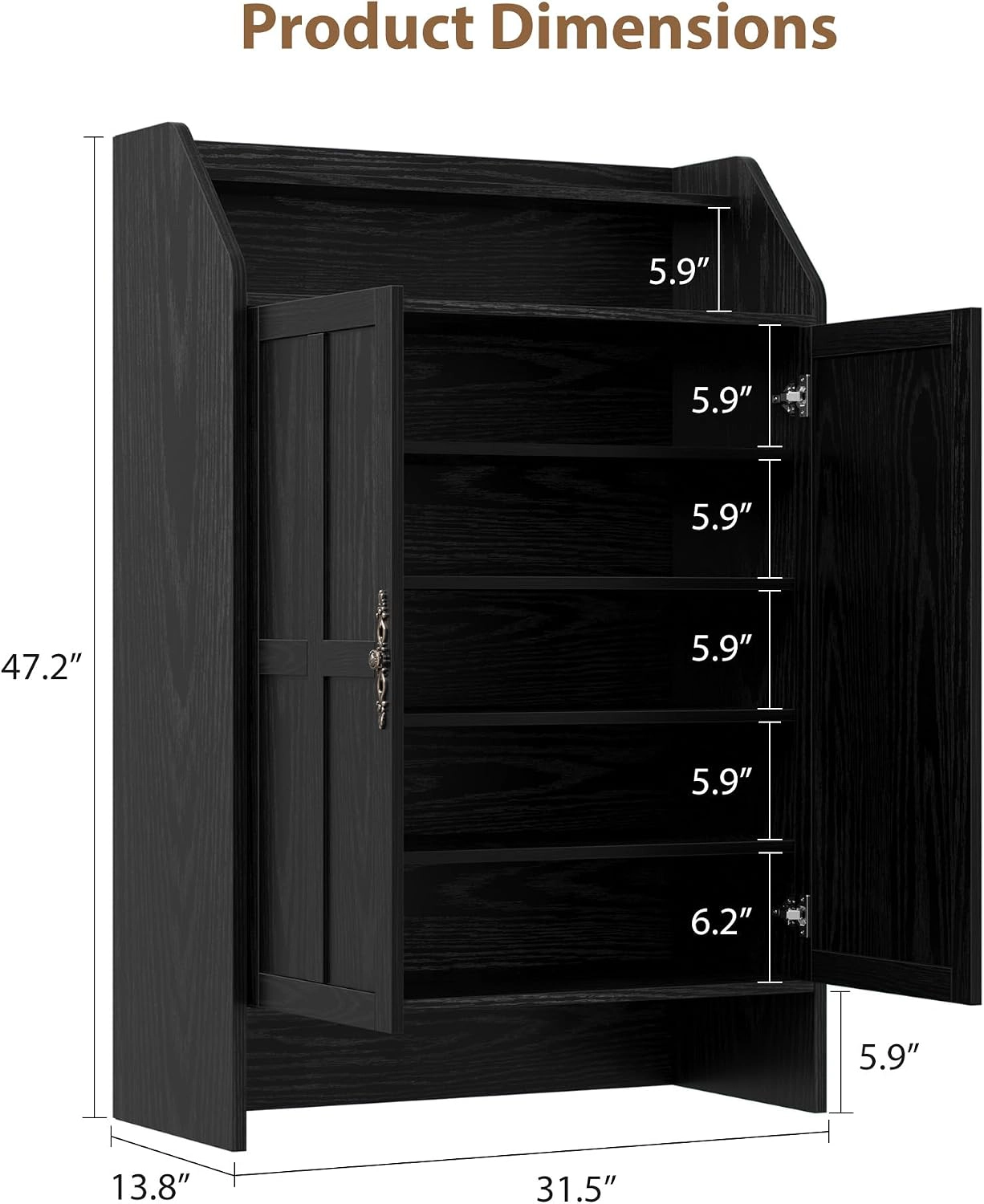 Black Wood Grain 2-Door Shoe Storage Cabinet Entryway Wooden Accent Cabinet with Adjustable Shelves