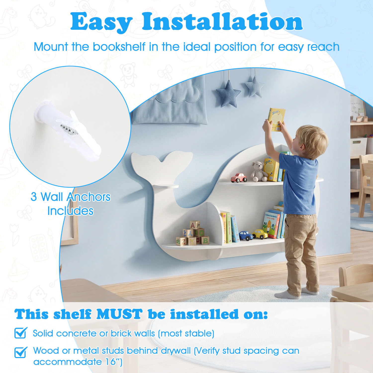 SUGIFT Set of 2 11-lb Floating Dolphin Wall Mounted Kids Bookshelves with Rounded Edges and Expansion Screws