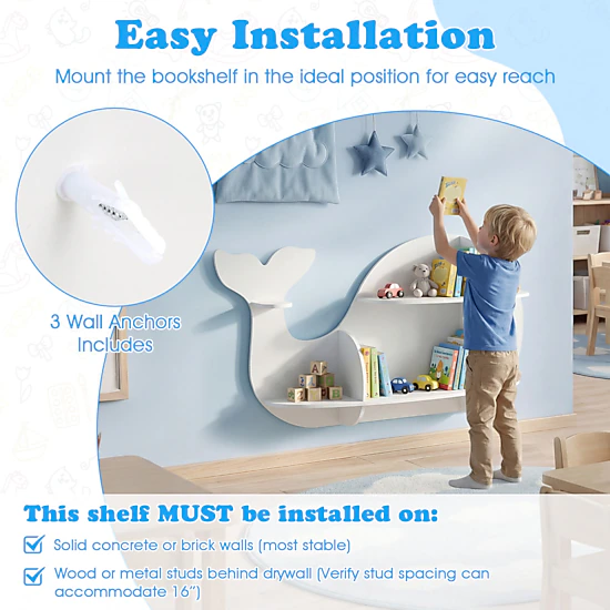 SUGIFT Set of 2 11-lb Floating Dolphin Wall Mounted Kids Bookshelves with Rounded Edges and Expansion Screws
