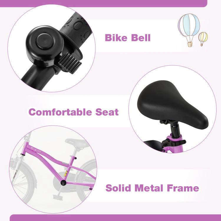 SUGIFT Purple 2 Brakes Detachable Training Wheels and Bell Kids 16 Inch Training Bicycle