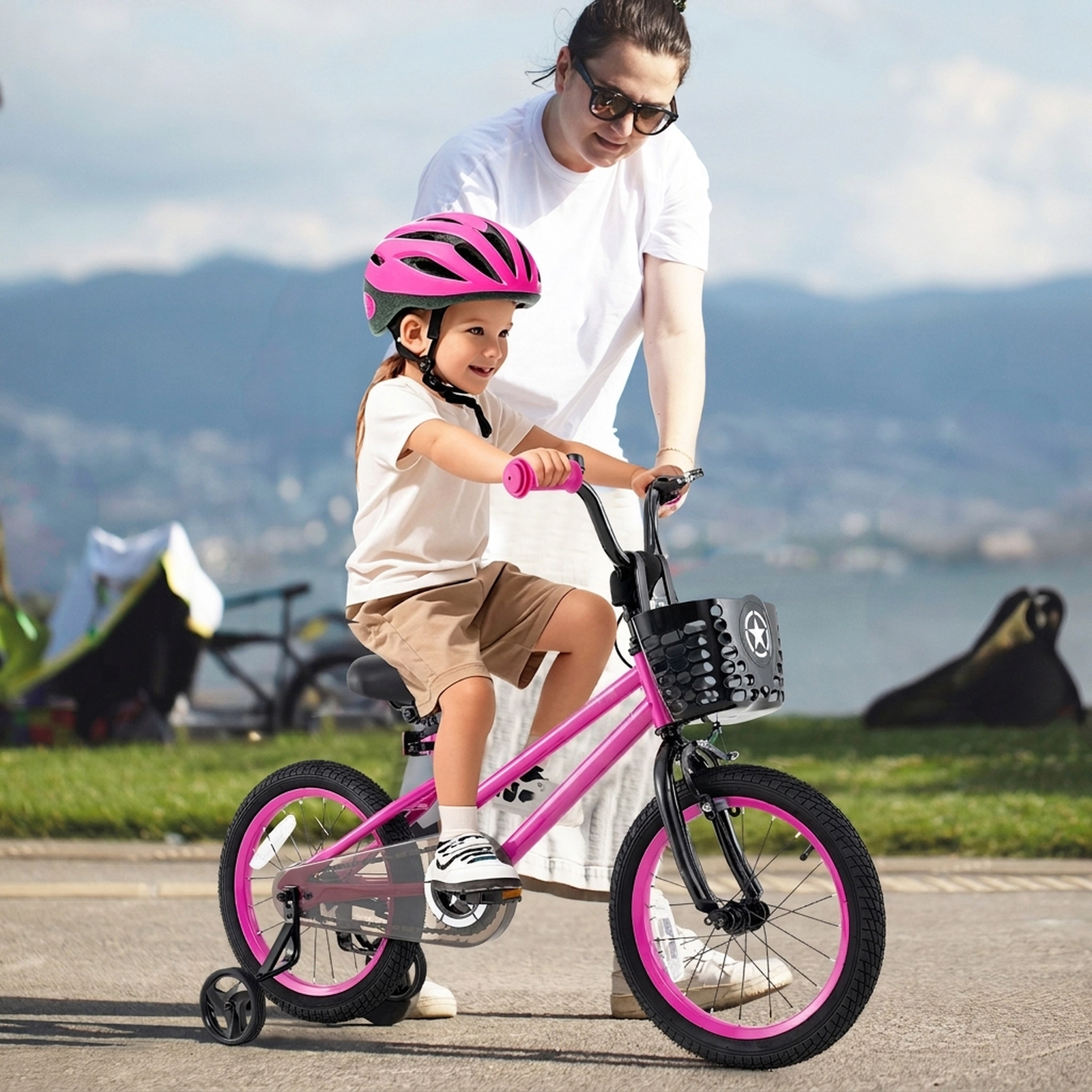 16-in Kids Bike Front Basket Adjustable Seat and Removable Training Wheels Hand Brake and Coaster Brake Ages 4-7 Pink