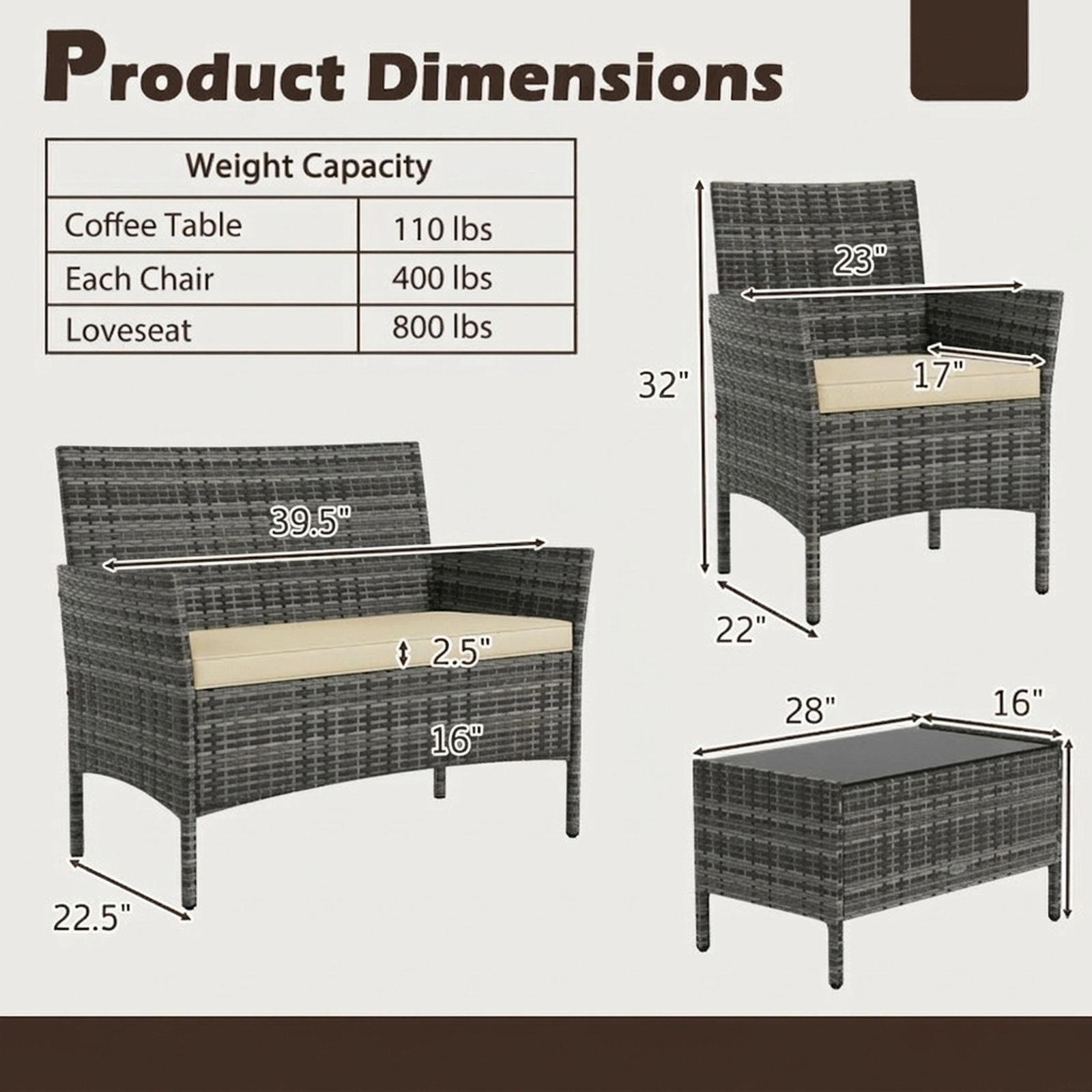 SUGIFT Rattan Conversation Set Tempered Glass Coffee Table 800-lb Loveseat 400-lb Chairs 110-lb Table Capacity Beige