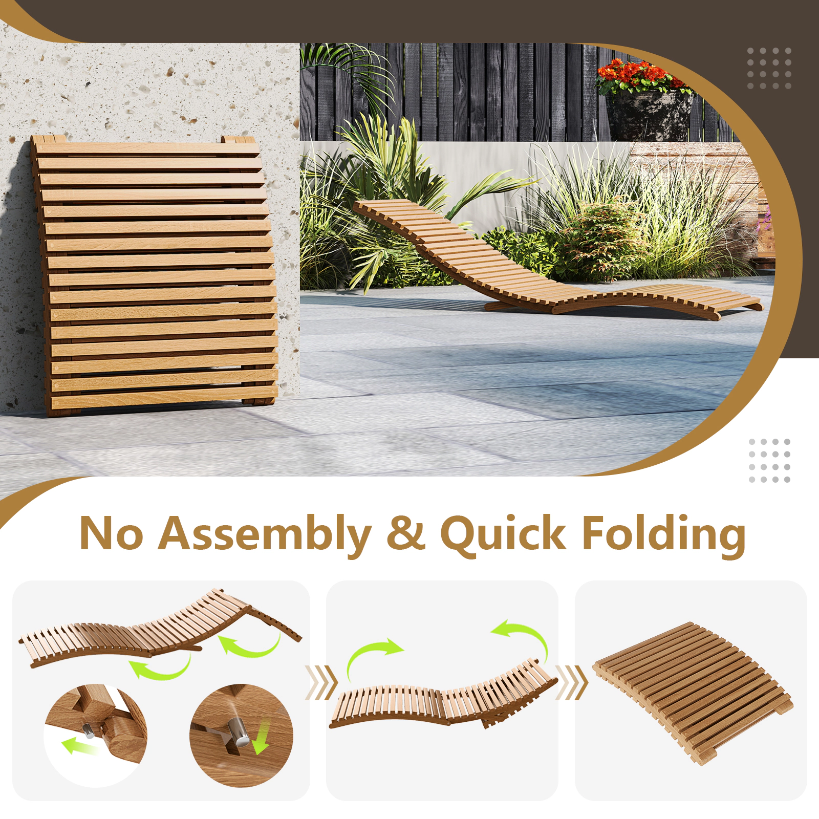 SUGIFT Natural Slatted Seat 330-lb Capacity Set of 2 Teak Wood Folding Patio Chaise Lounge Chairs