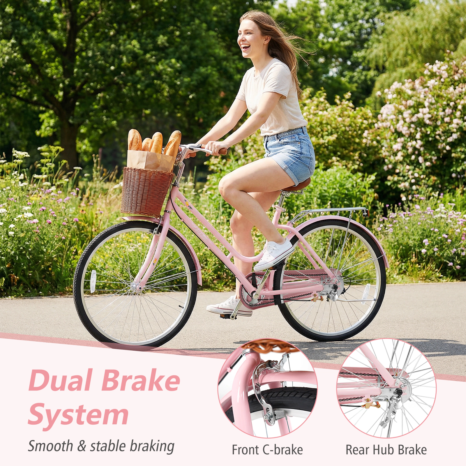 LJG 26 Inch Beach Cruiser Bike for Women with Woven Basket and Rear Rack