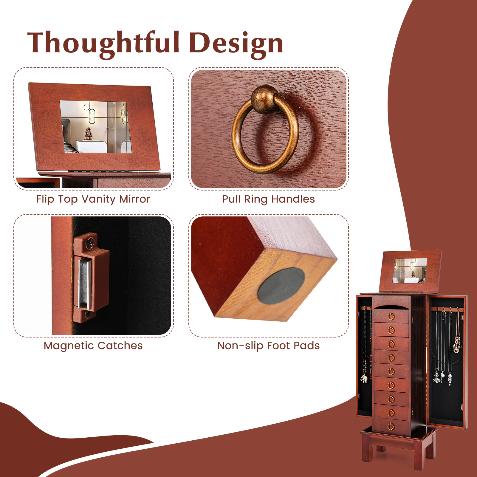 SUGIFT Large Capacity Jewelry Storage Cabinet with 9 Drawers Flip-Top Mirror 16-in Wide MDF Glass Walnut