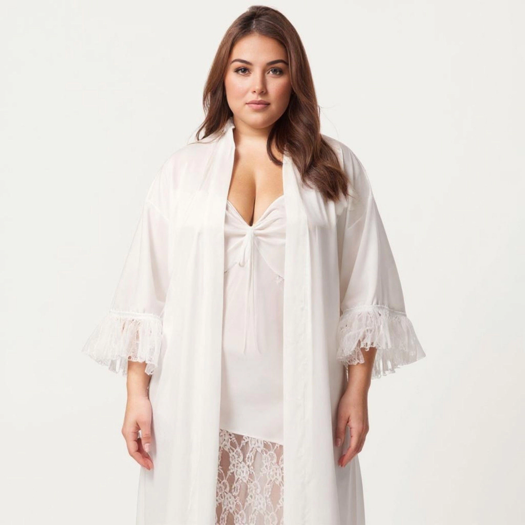 Anna-Kaci Women's Plus Long Sheer Lace Panel Robe Open Front Lightweight Sleepwear