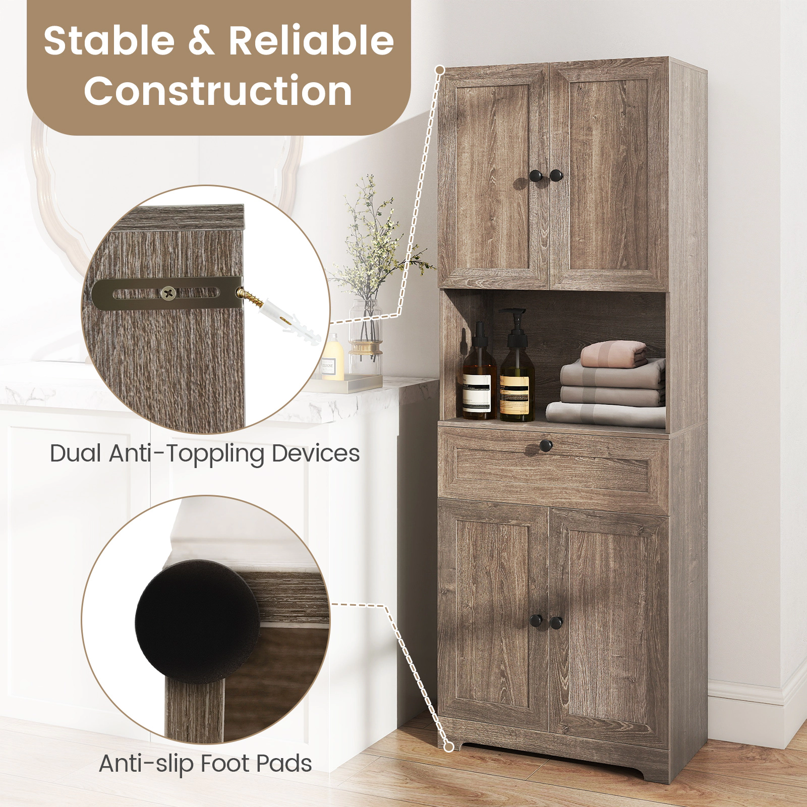 SUGIFT 4 Doors 1 Drawer Adjustable Shelf Tall Storage Cabinet 23.5-in x 14-in x 67.5-in 243-lb Capacity Gray Oak
