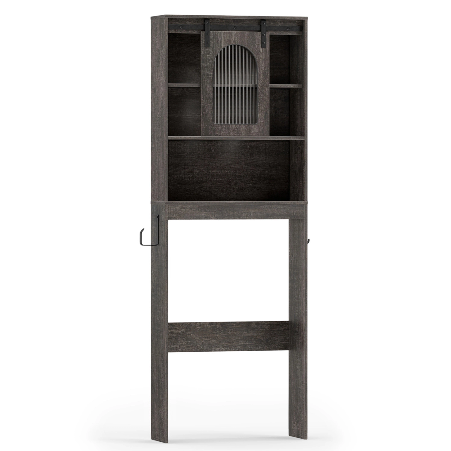 SUGIFT Over Toilet Storage Cabinet with Sliding Barn Door and Open Shelves 67-in Tall 44-lb Top Capacity Black Oak/White