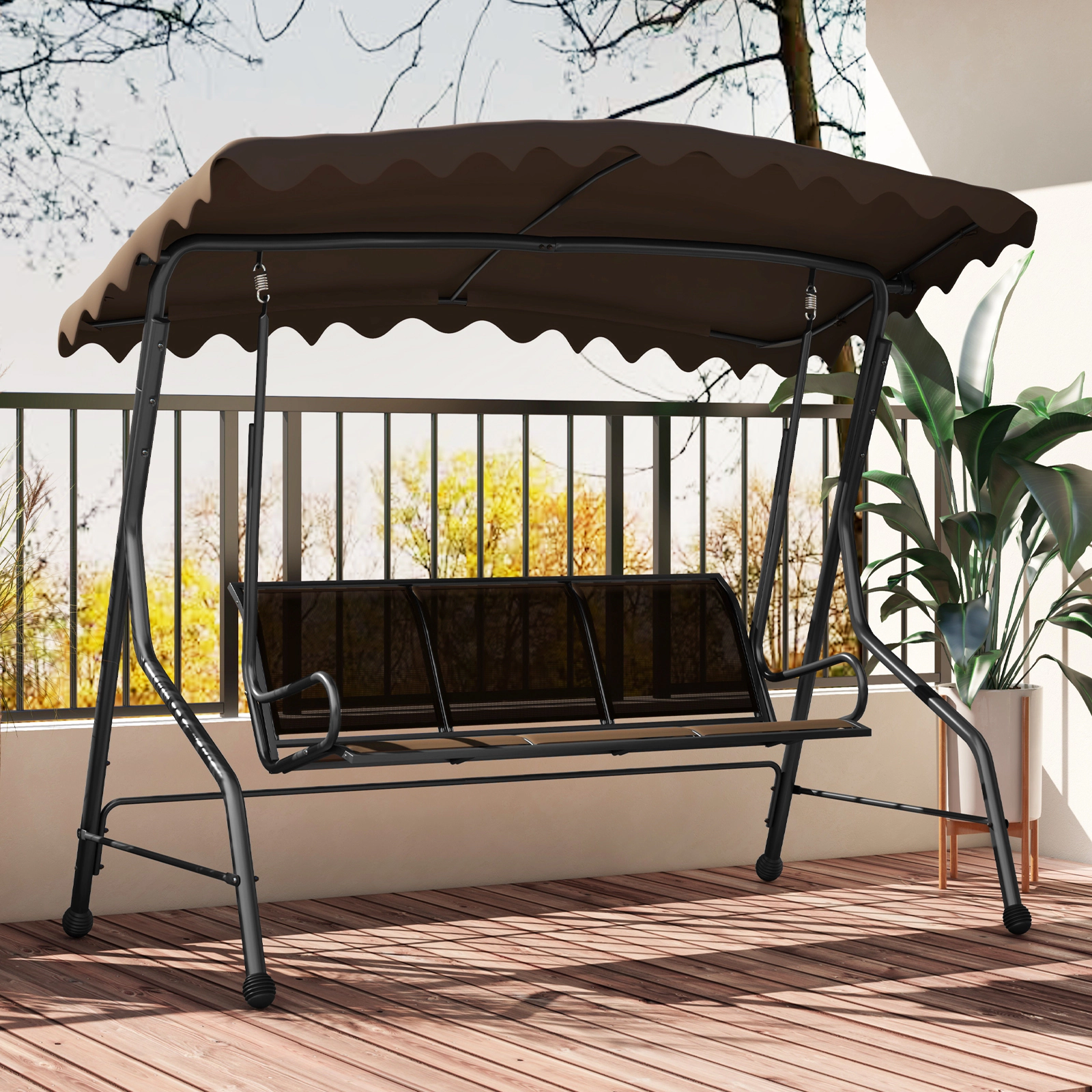 SUGIFT Brown 3-Seat Outdoor Porch Swing with Canopy, 1000-Lb Capacity