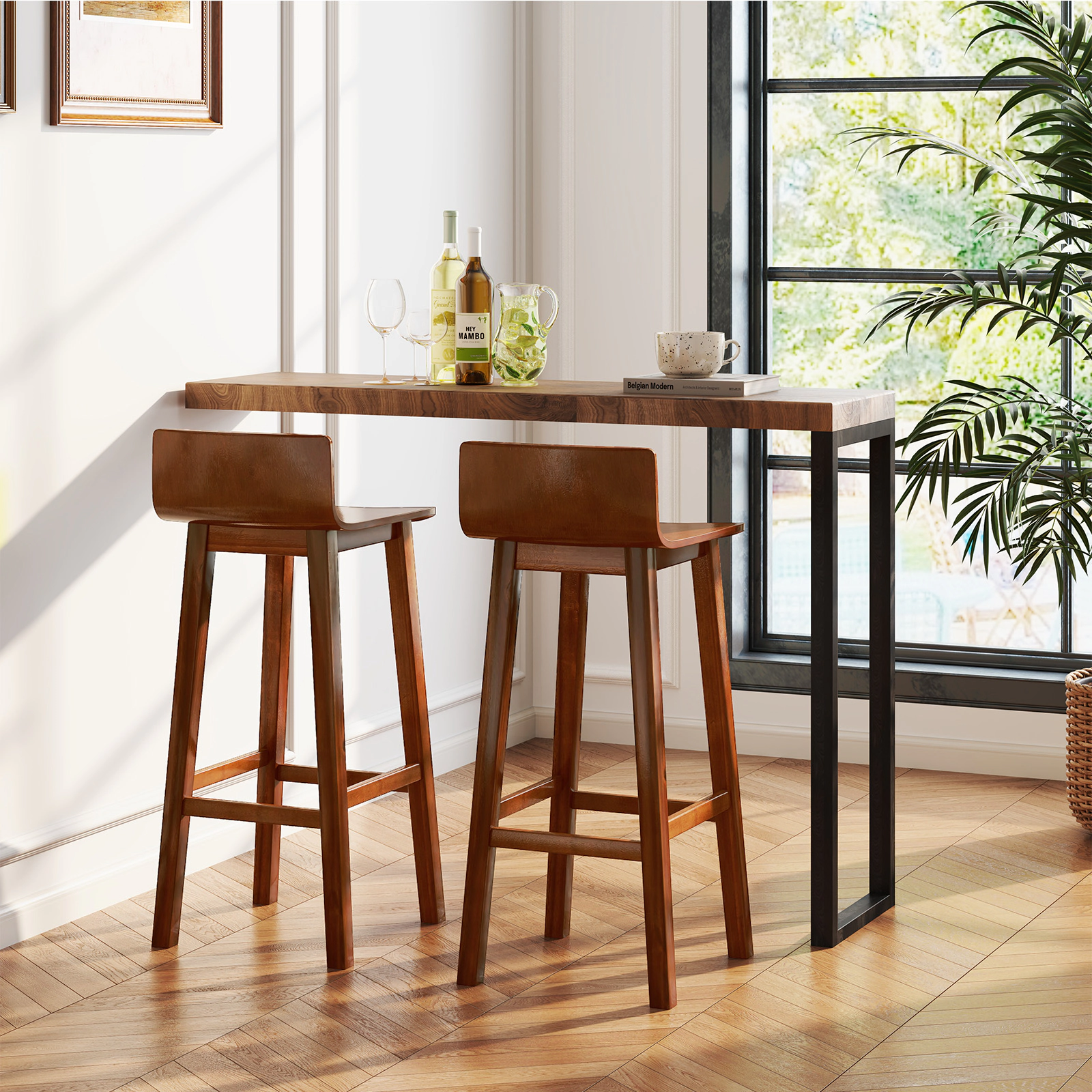 SUGIFT 29-in Solid Wood Bar Stools Set of 2 with Backrest 330-lb Capacity 29-in Seat Height Walnut