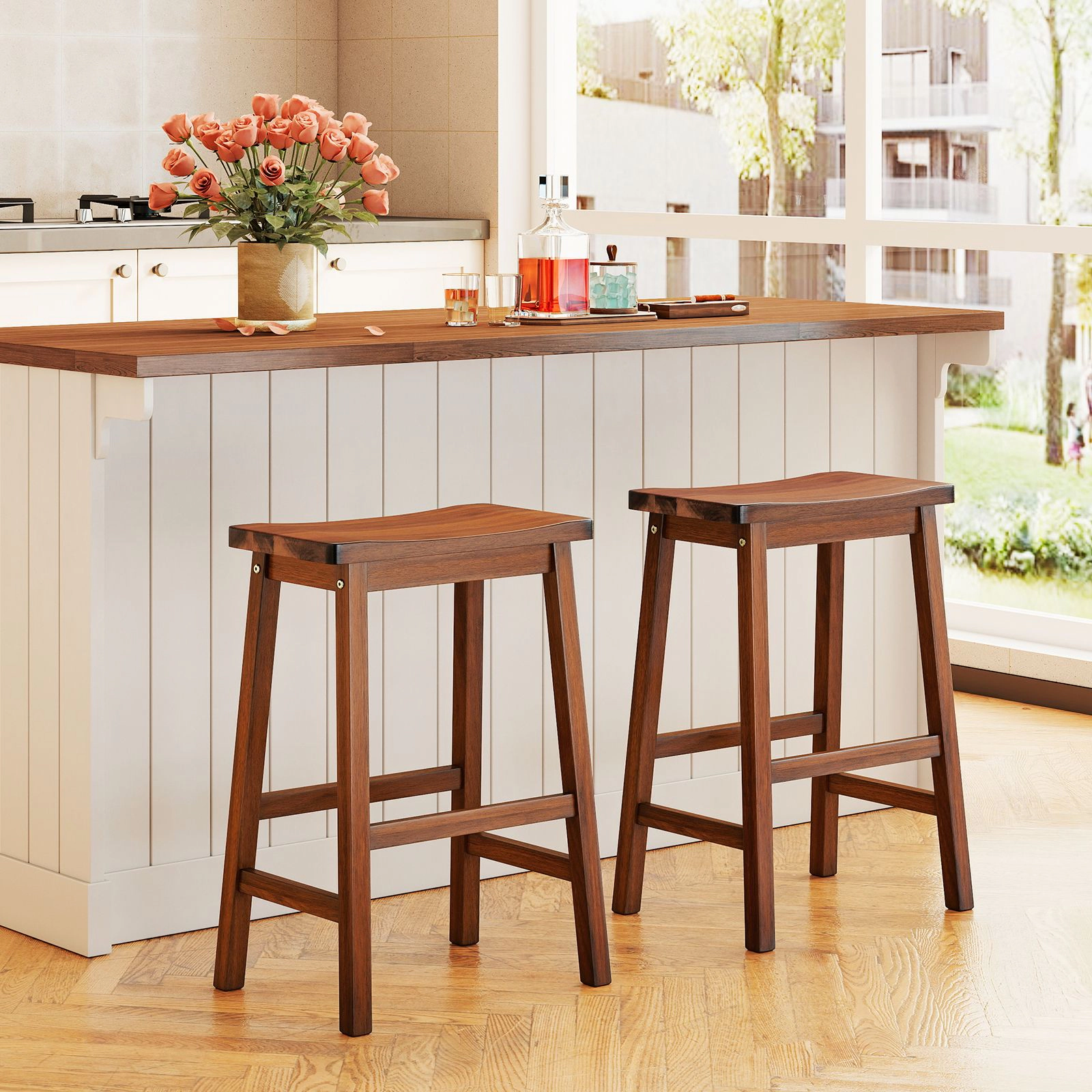 SlickBlue Set of 2 Walnut Saddle Seat Counter Height Bar Stools with Footrest Set