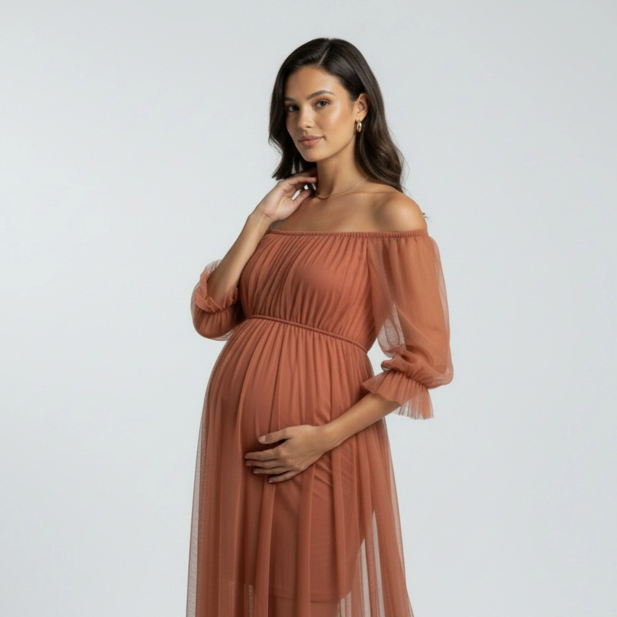 Anna-Kaci Women's Maternity Off Shoulder Mesh Sheer Overlay Empire Waist Flowy Formal Maxi Dress
