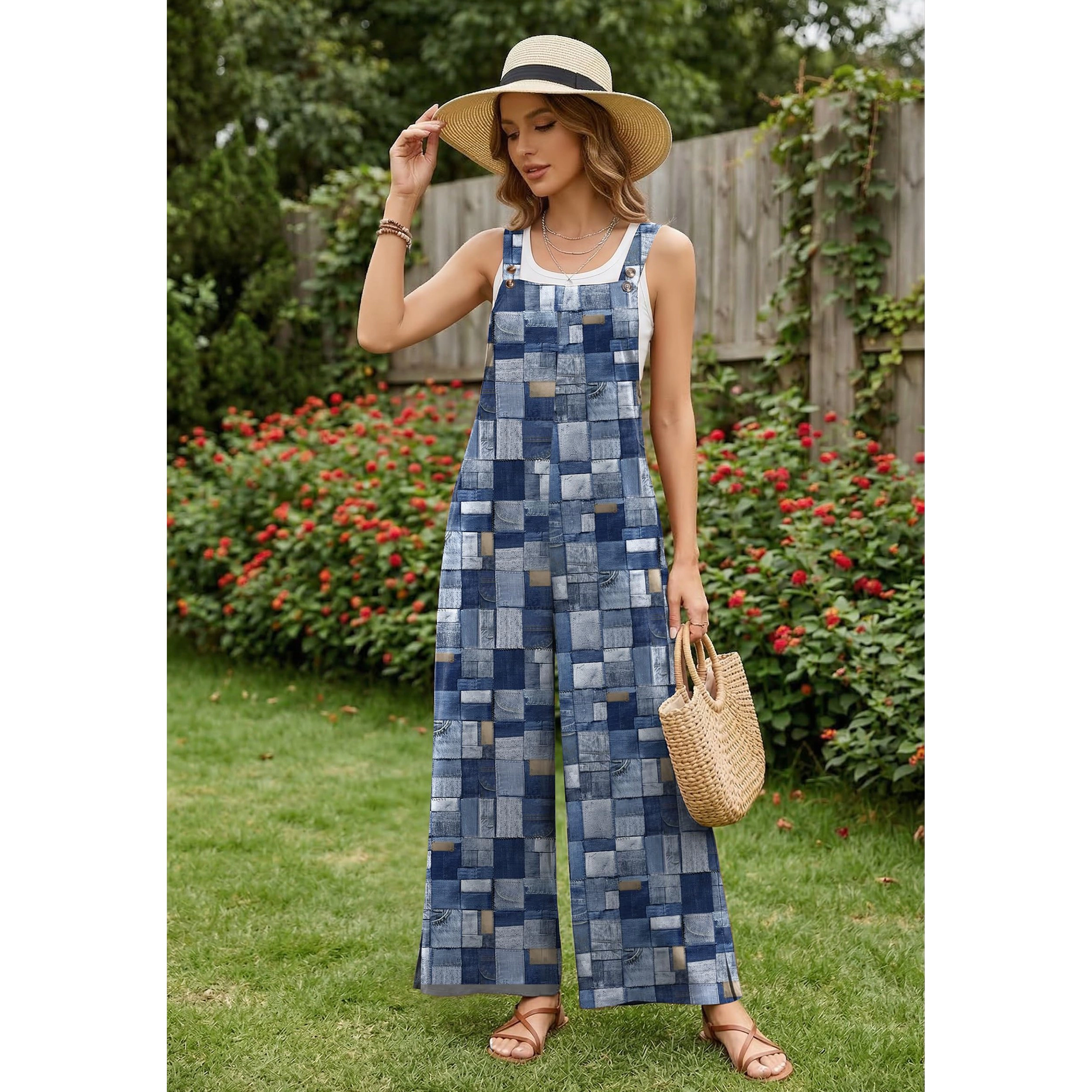 Ekouaer Women's Adjustable Button Straps Overalls, Wide Leg Jumpsuit with Pockets