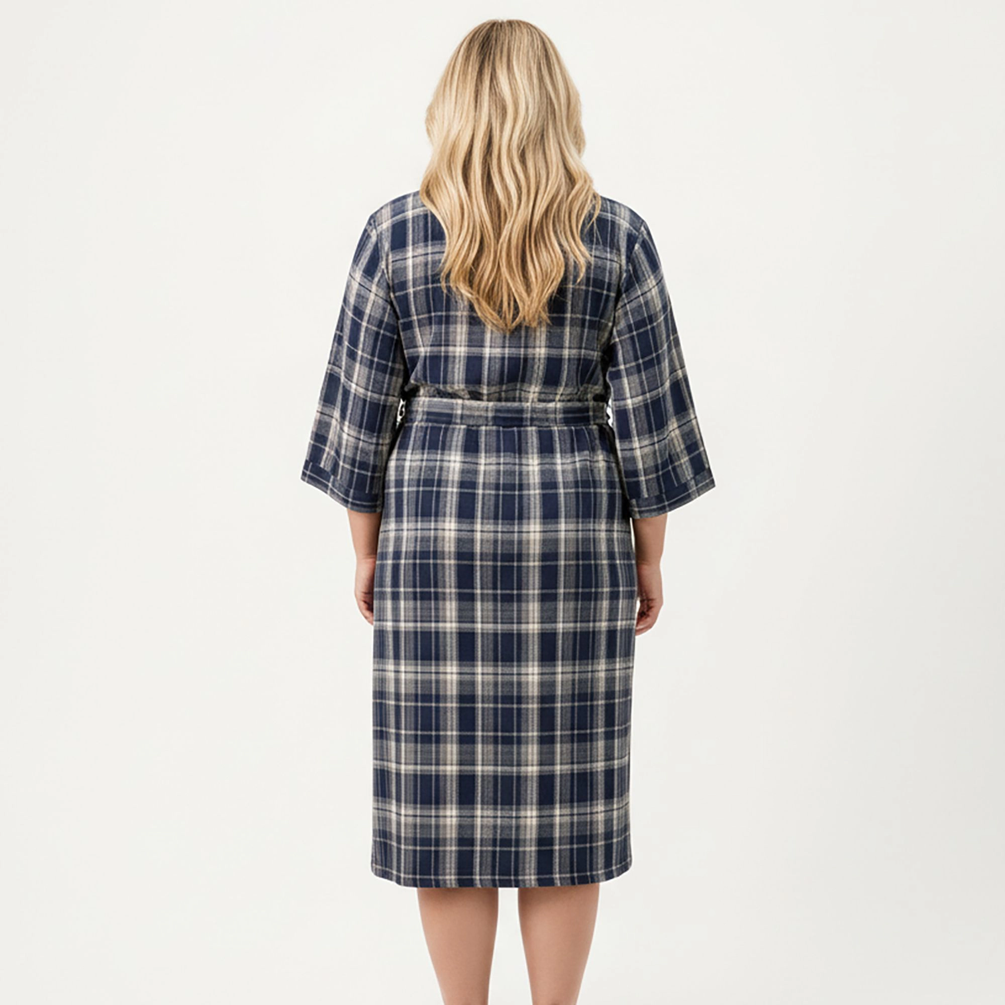 Anna-Kaci Women's Plus Plaid Long Robe with Brushed Texture Adjustable Waist Tie and Three-Quarter Sleeves