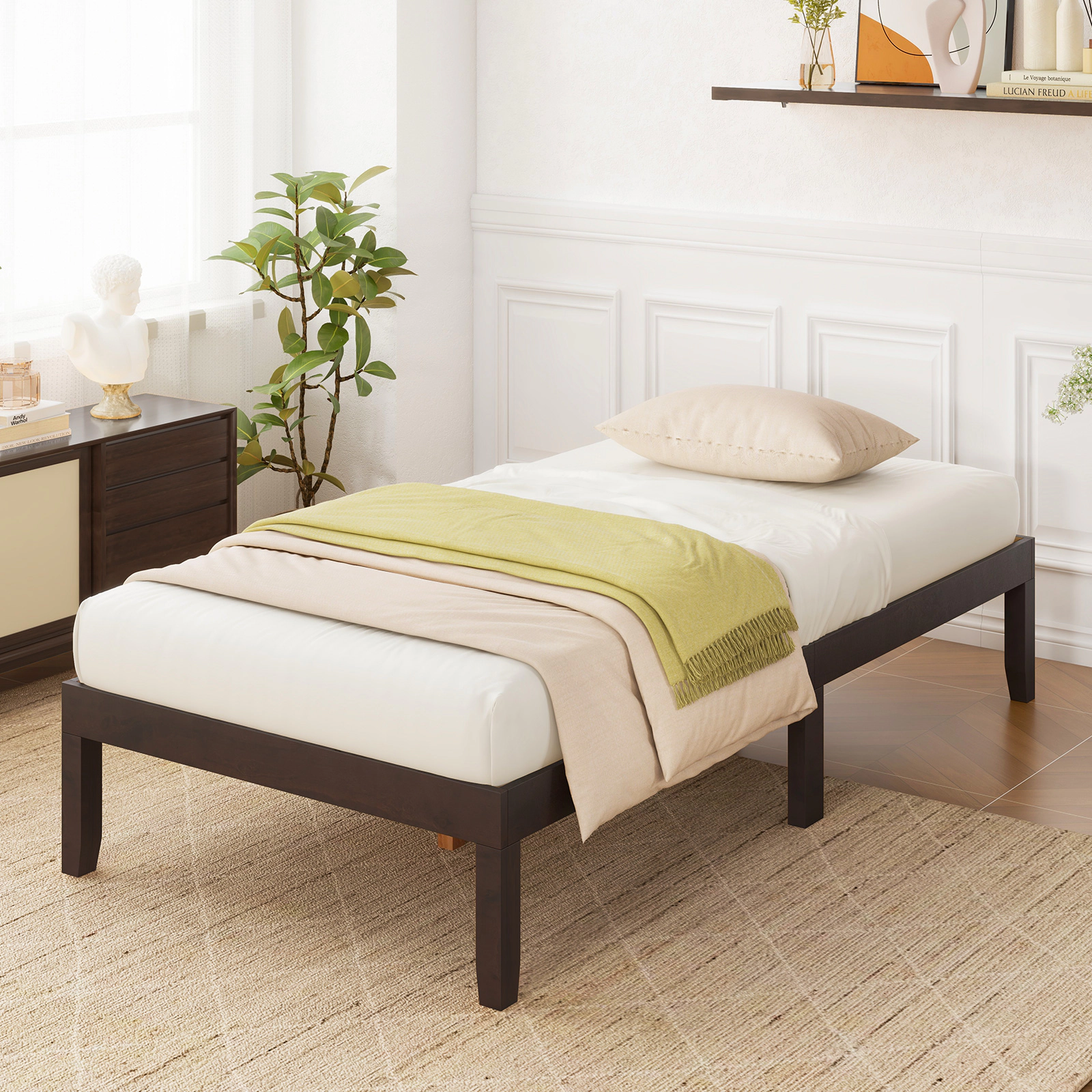 SUGIFT 14-in Twin Wood Platform Bed Frame Slats Support 400-lb Capacity 10.5-in Under-bed Storage Espresso/Natural