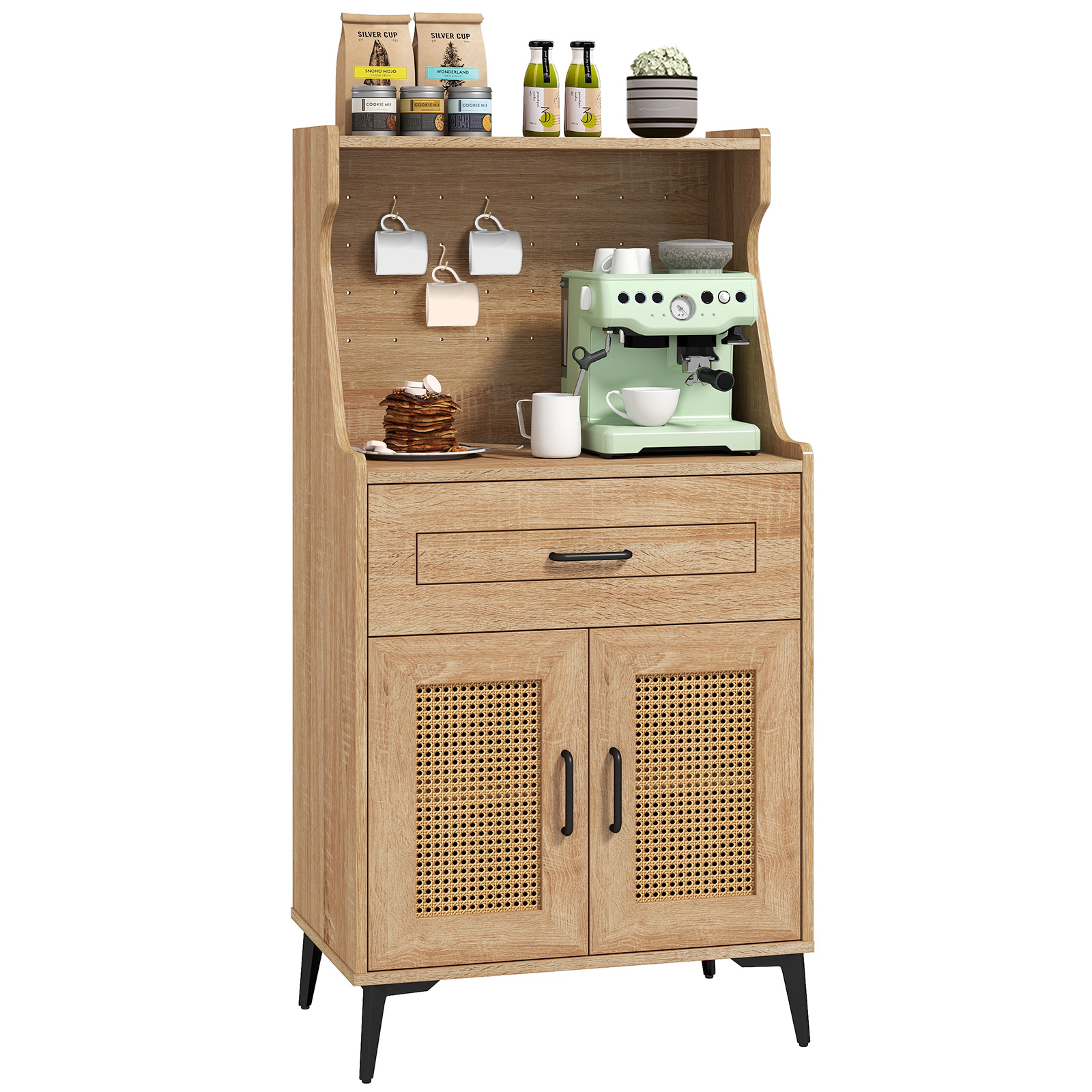SUGIFT 45.5-in Pegboard Back Rattan Doors Adjustable Shelves Coffee Bar Cabinet 23.5-in x 15.5-in 200-lb Capacity Oak