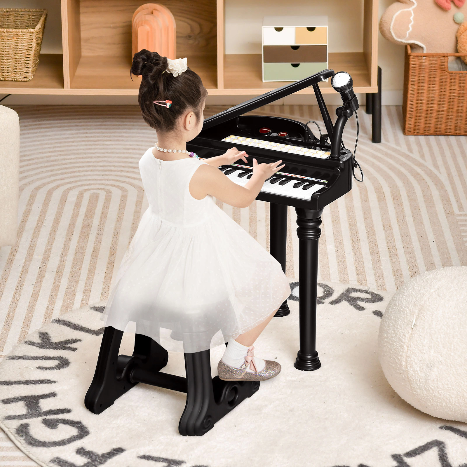 SUGIFT Kids Black 31-Key Toy Grand Piano with Stool and LED Teaching Lights 14-in W 12-in D 21.5-in H Ages 3+