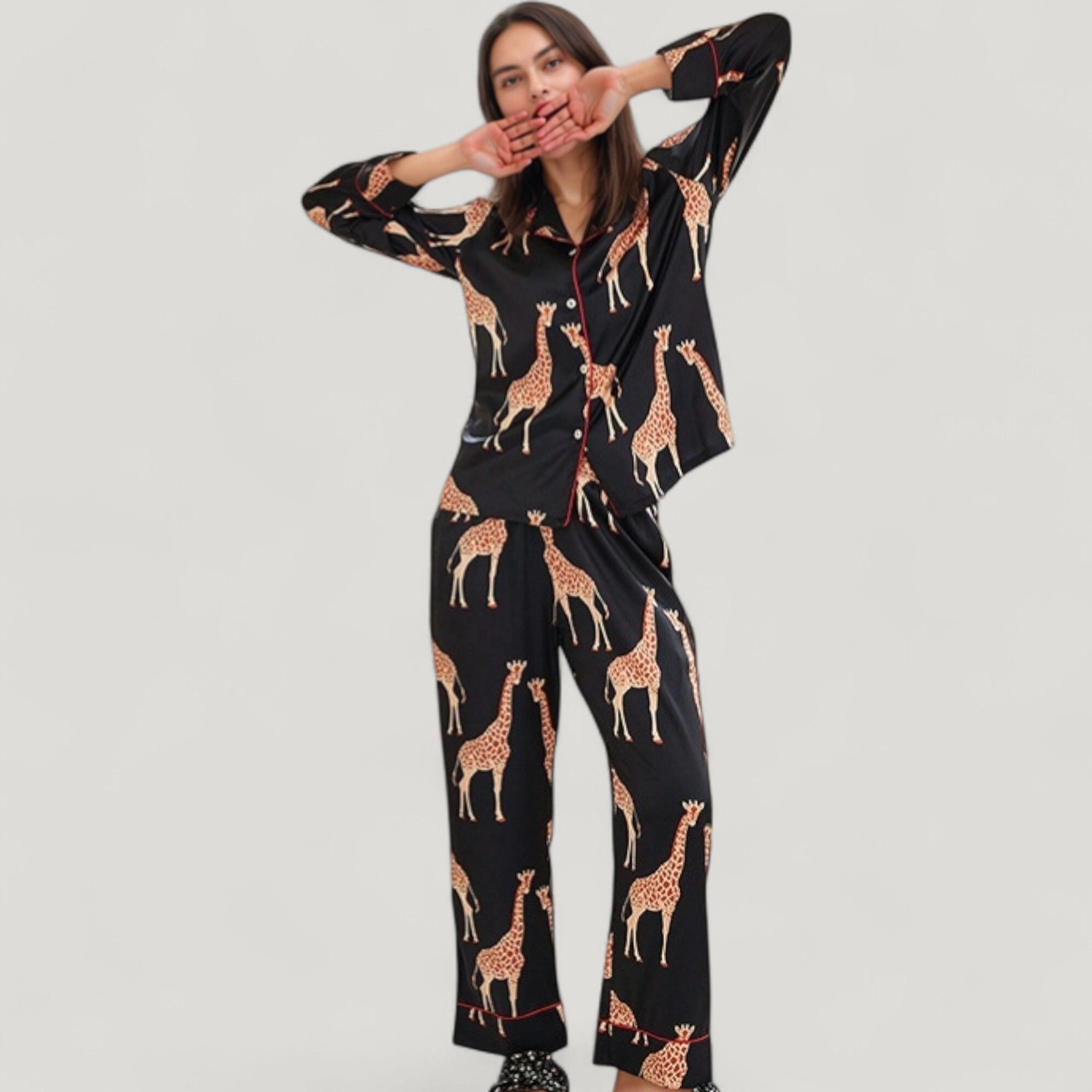 Anna-Kaci Women's Giraffe Print Pajama Set with Long Sleeve Button Down Top and Relaxed Fit Woven Pants