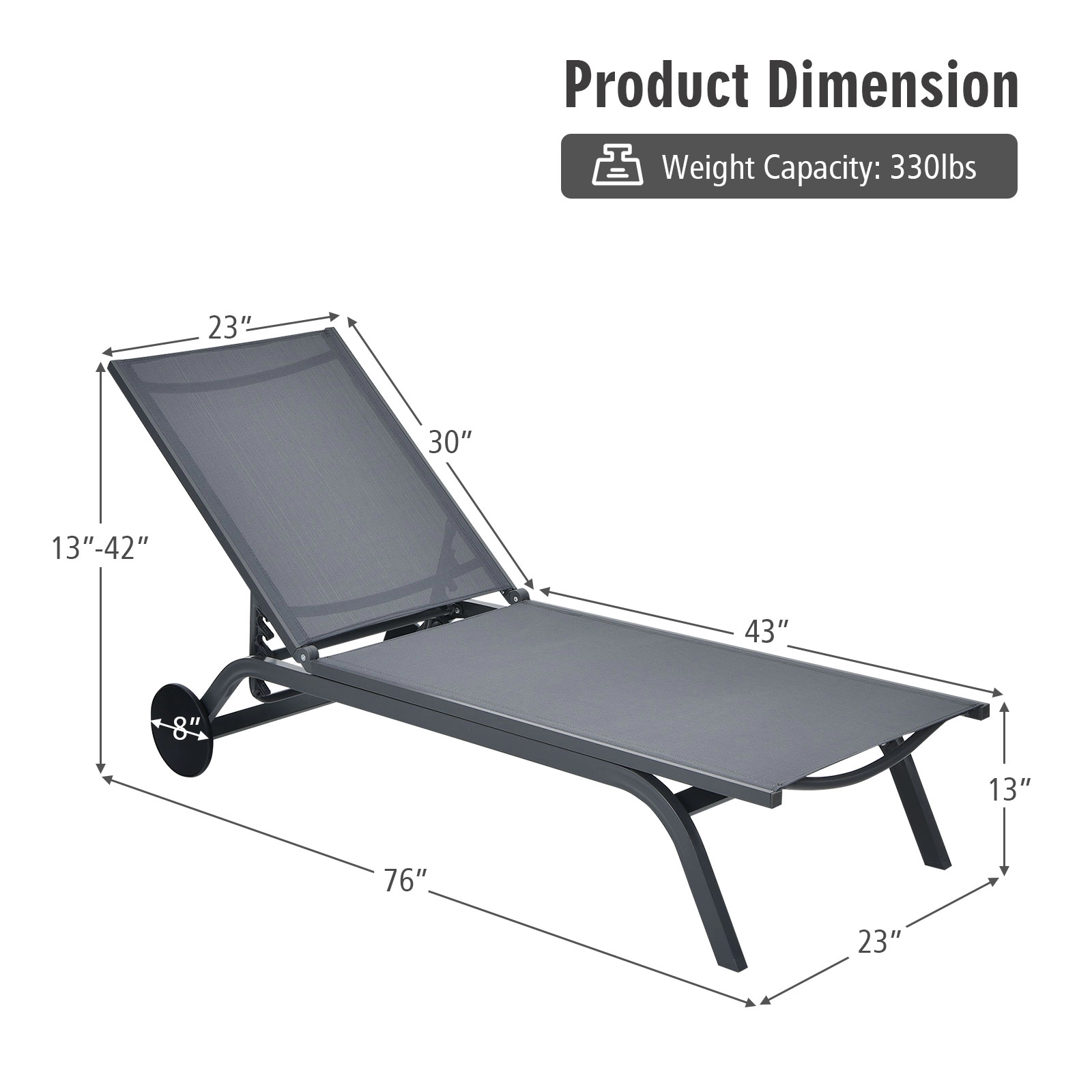 SUGIFT 6-Position Adjustable Aluminum Fabric Outdoor Recliner Chair 330-lb Capacity 76-in Long Gray Wheels, 1-Piece