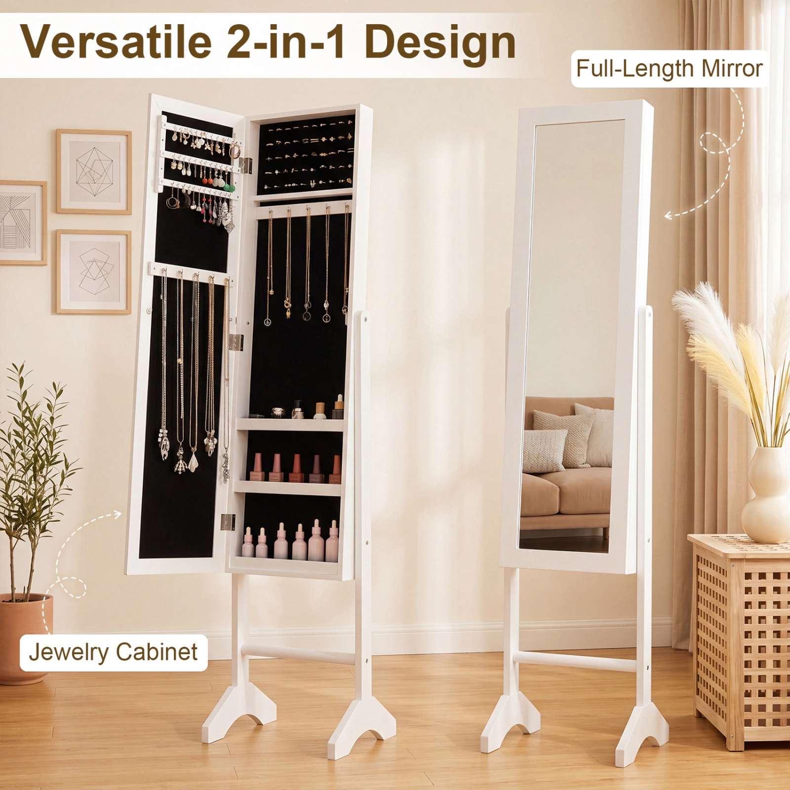 SUGIFT White Freestanding Jewelry Armoire with Full-Length Mirror Velvet Lined Cabinet and Magnetic Catch