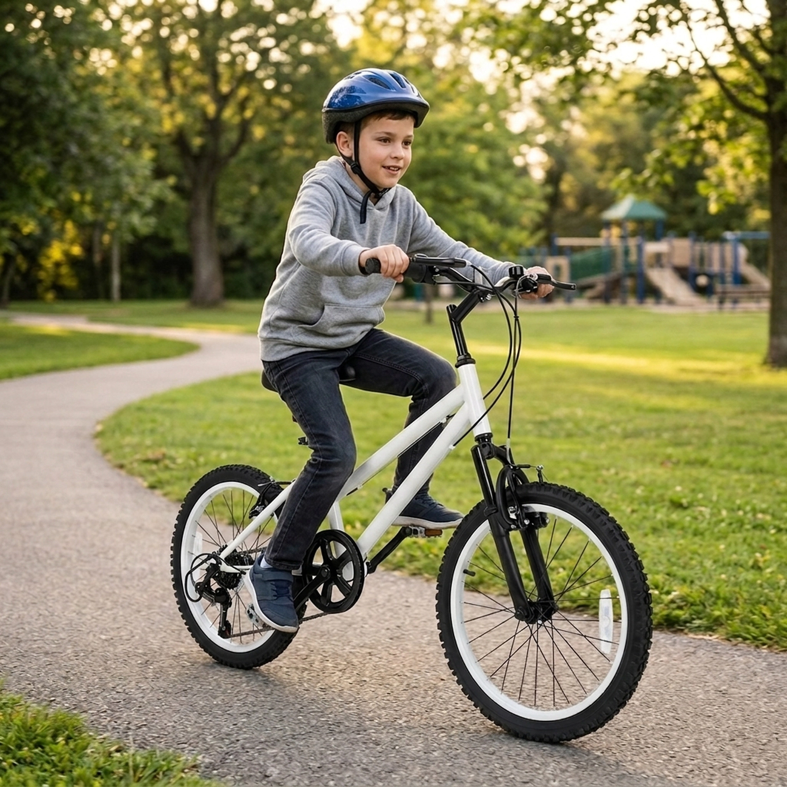 SUGIFT 7-Speed 20-Inch Kids Mountain Bike 220-lb Capacity Adjustable Seat and Handlebar White Black Blue