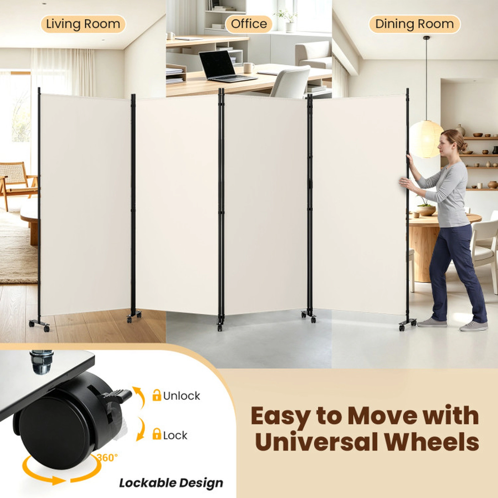 SUGIFT 4-Panel Connection Buckle Metal Frame Stable Base Folding Room Divider 137-in x 12-in x 71.5-in 22-lb White