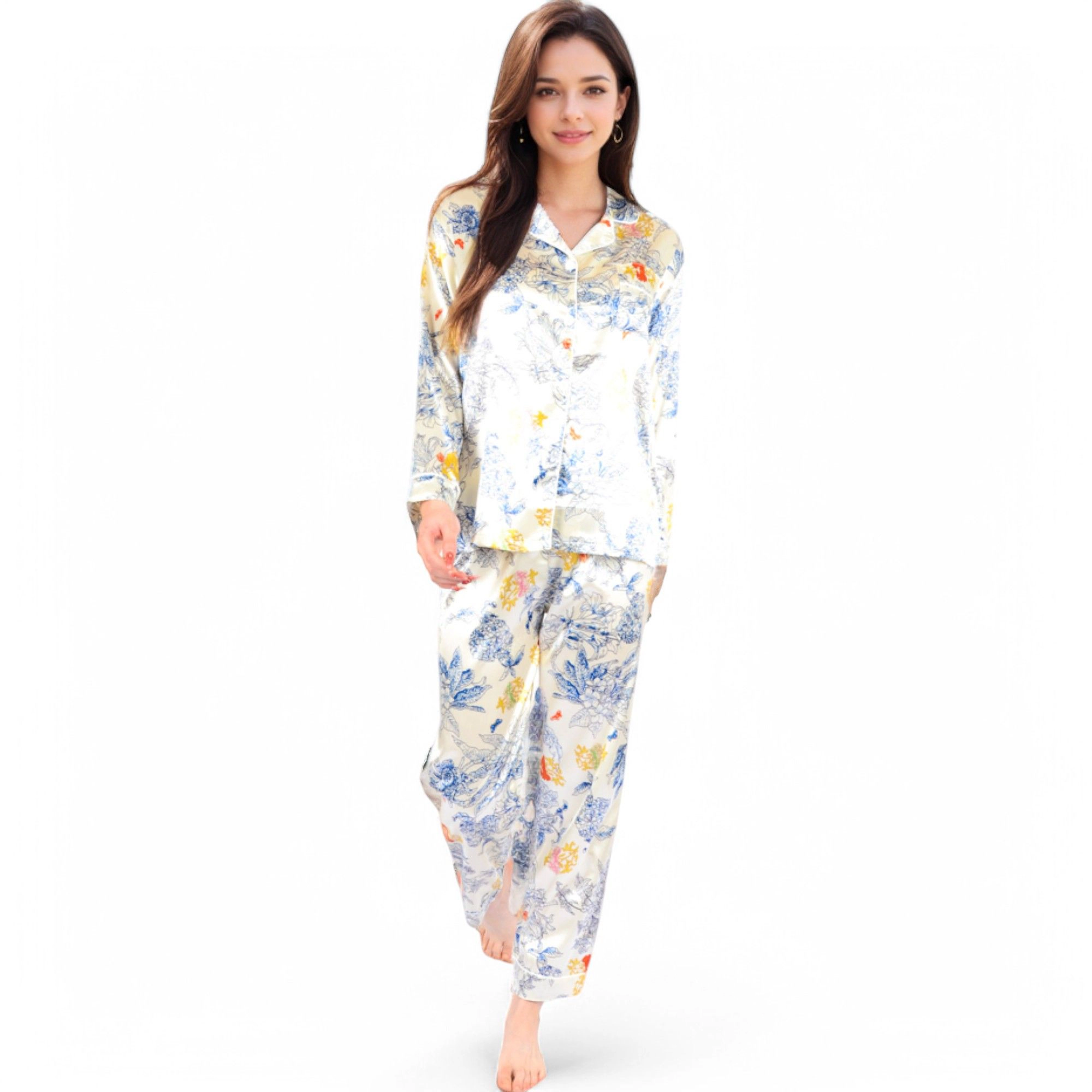 Anna-Kaci Women's Botanical Print Satin Pajama Set with Button Up Top and Long Pants