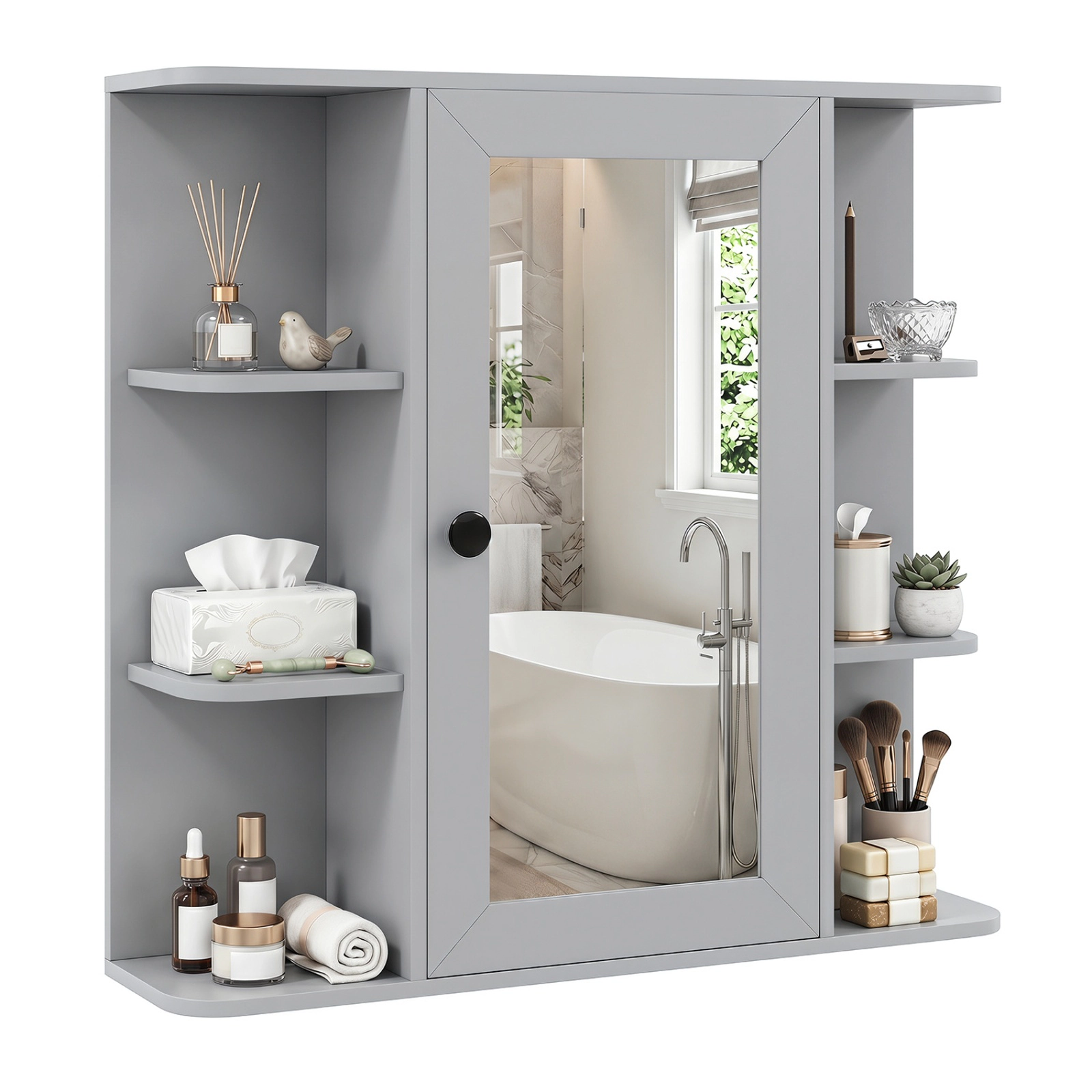 SUGIFT Mirrored Door 3 Compartments 6 Open Shelves Wall Bathroom Medicine Cabinet 26-in x 6.5-in x 25-in 120-lb Gray