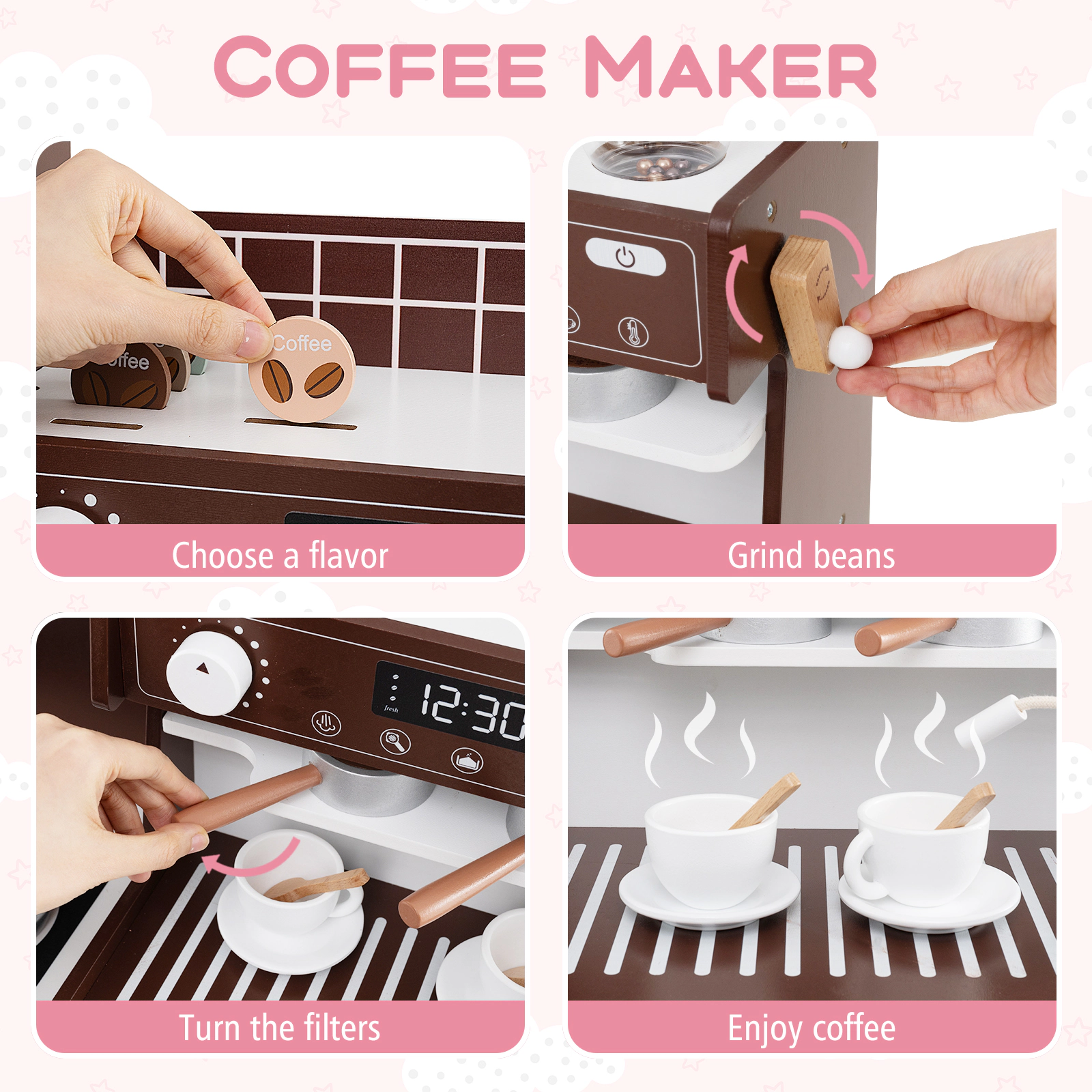 Kids Wooden Kitchen Set Coffee Maker Ice Maker 27-pc Accessories Dual Counters 42-in x 12-in x 41-in White