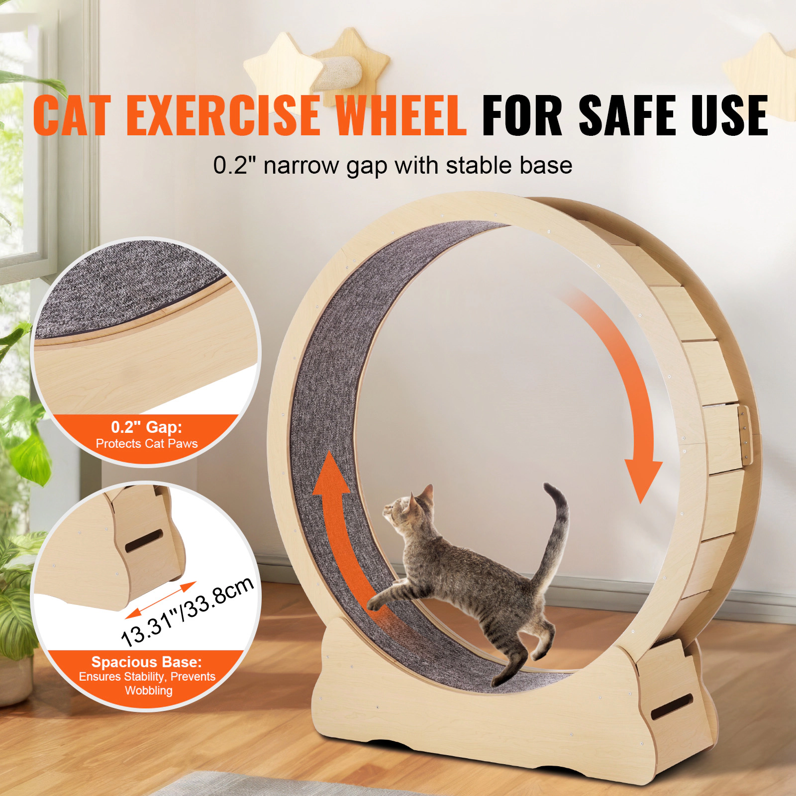 HONGGE Wooden Cat Exercise Wheel Large Cat Treadmill Wheel for Indoor Cats Cat Running Wheel with Detachable Carpet &