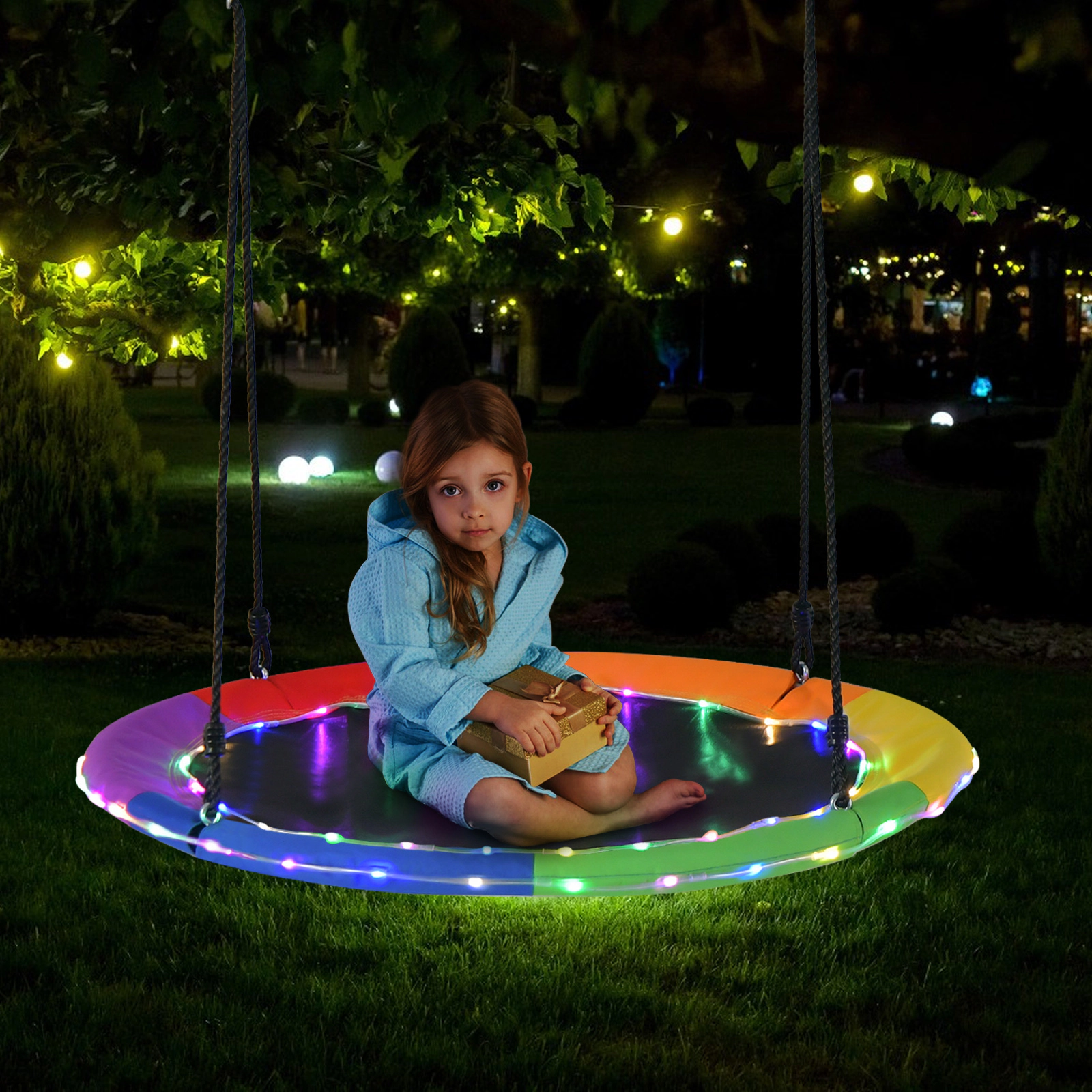 SUGIFT 40-in Round Saucer Tree Swing with LED Lights 660-lb Capacity Ages 3+ Multicolor Blue