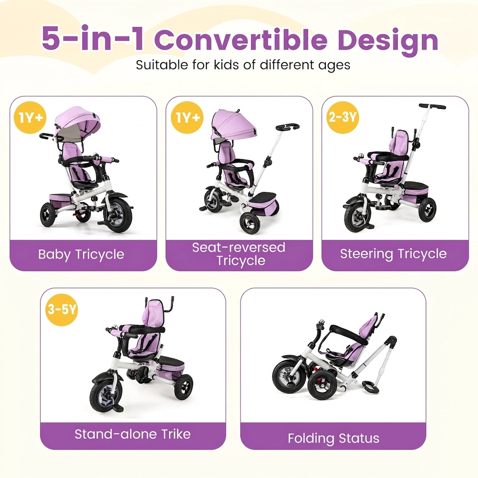 SUGIFT Pink 5-Mode Folding Toddler Tricycle, Foldable Footrests, Reversible Seat, Safety Harness, 55-lb Capacity