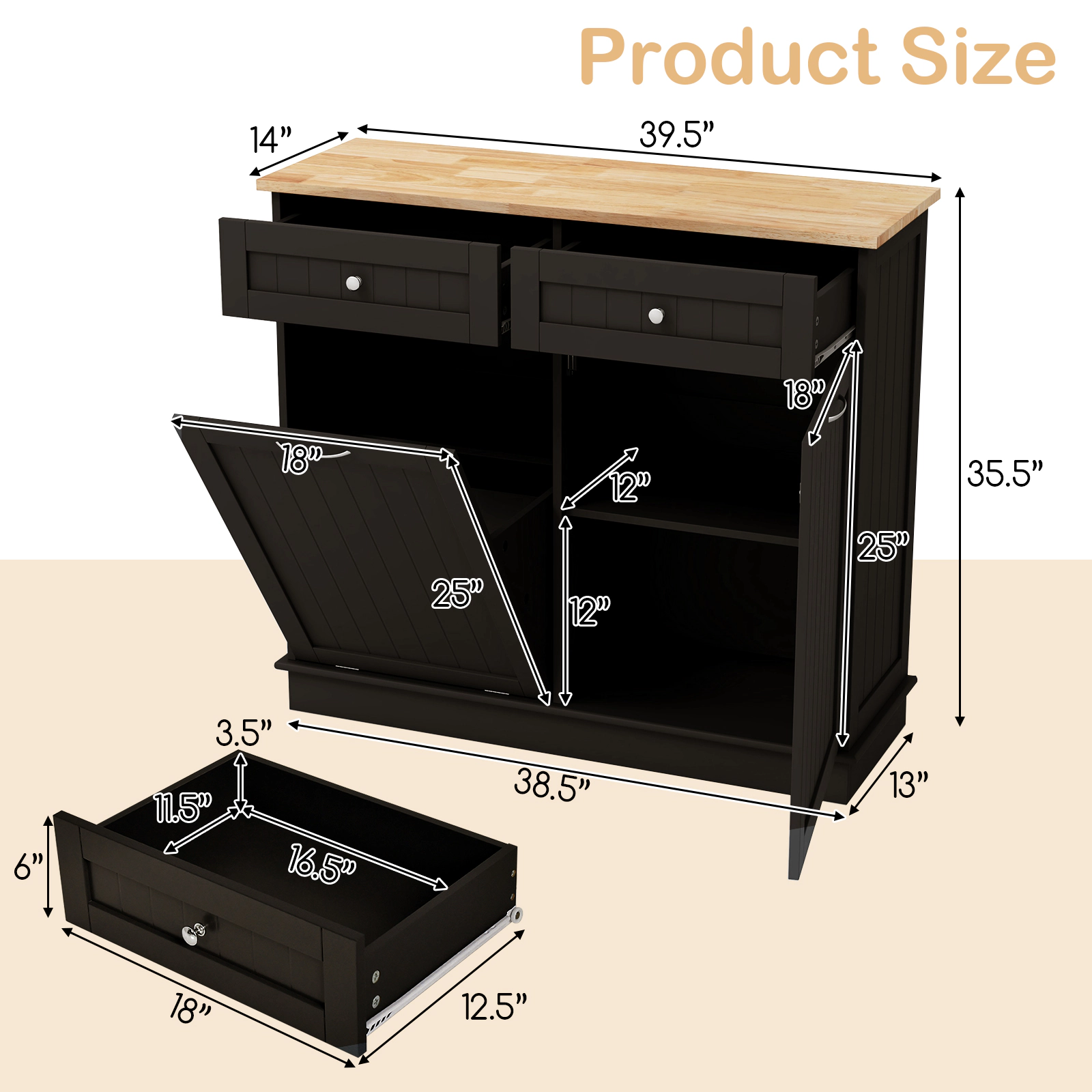SUGIFT Tilt Out Trash Cabinet Sideboard with 2 Drawers and Adjustable Shelf 220-lb Top Capacity 39.5-in Wide Brown