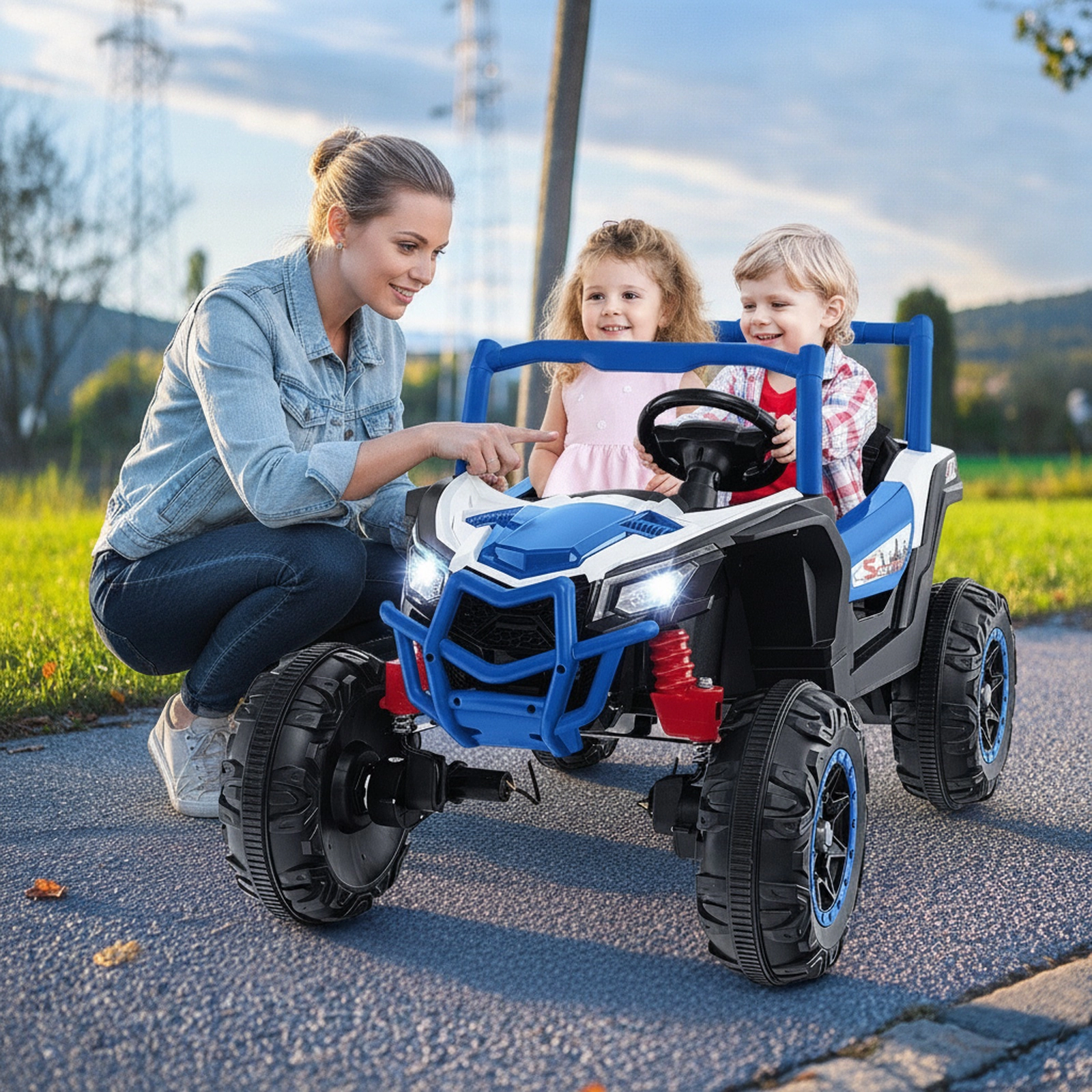 24V 2-Seater Kids Ride On UTV 3-Point Safety Belts Lockable Doors 2.4G Parent Remote Spring Suspension Ages 3+ Navy
