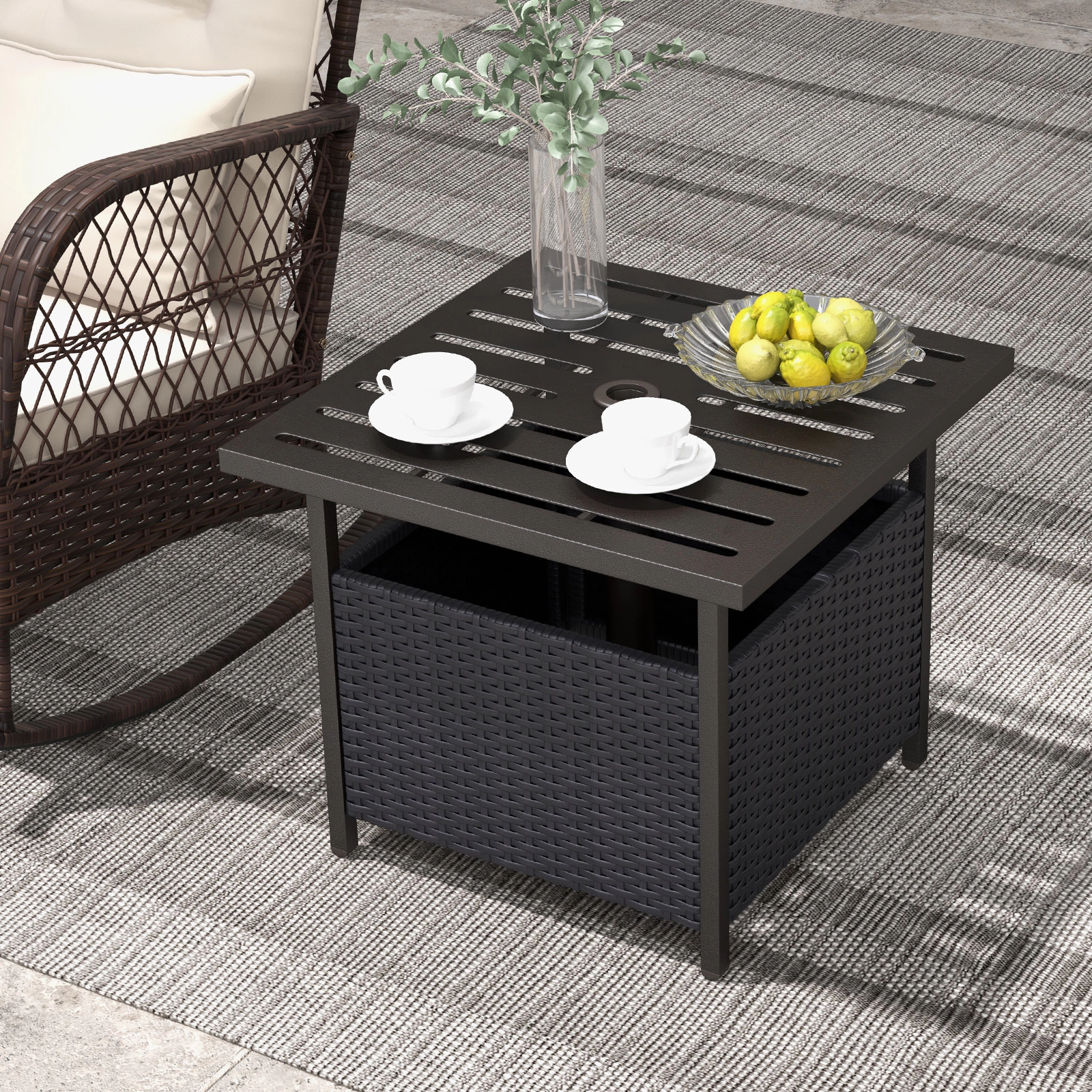 SUGIFT 22-Inch Square Wicker Patio Side Table with Umbrella Hole, PE Rattan and Steel Frame