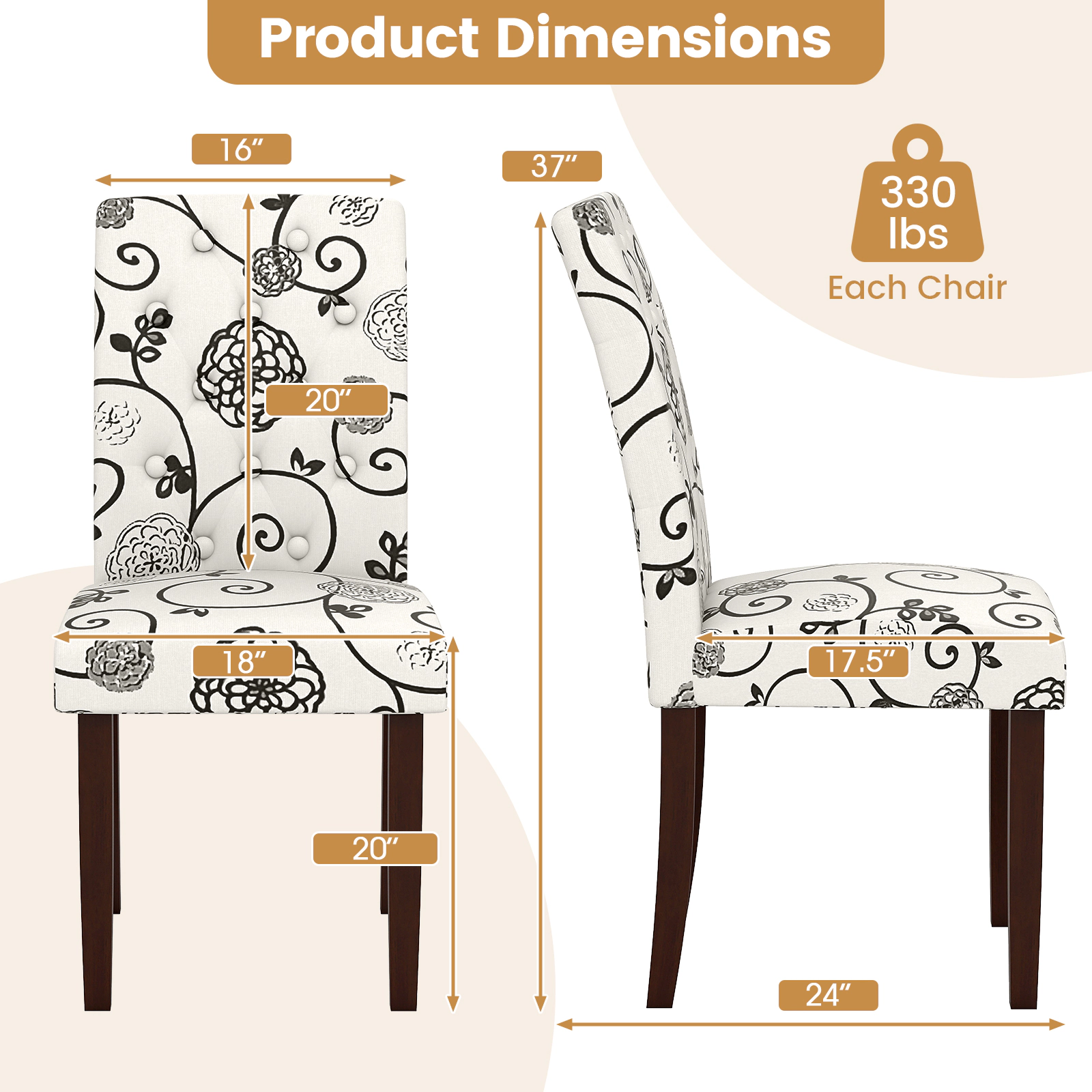 LJG Button Tufted Fabric Upholstered Wooden Dining Chair Set of 2 with High Curved Back
