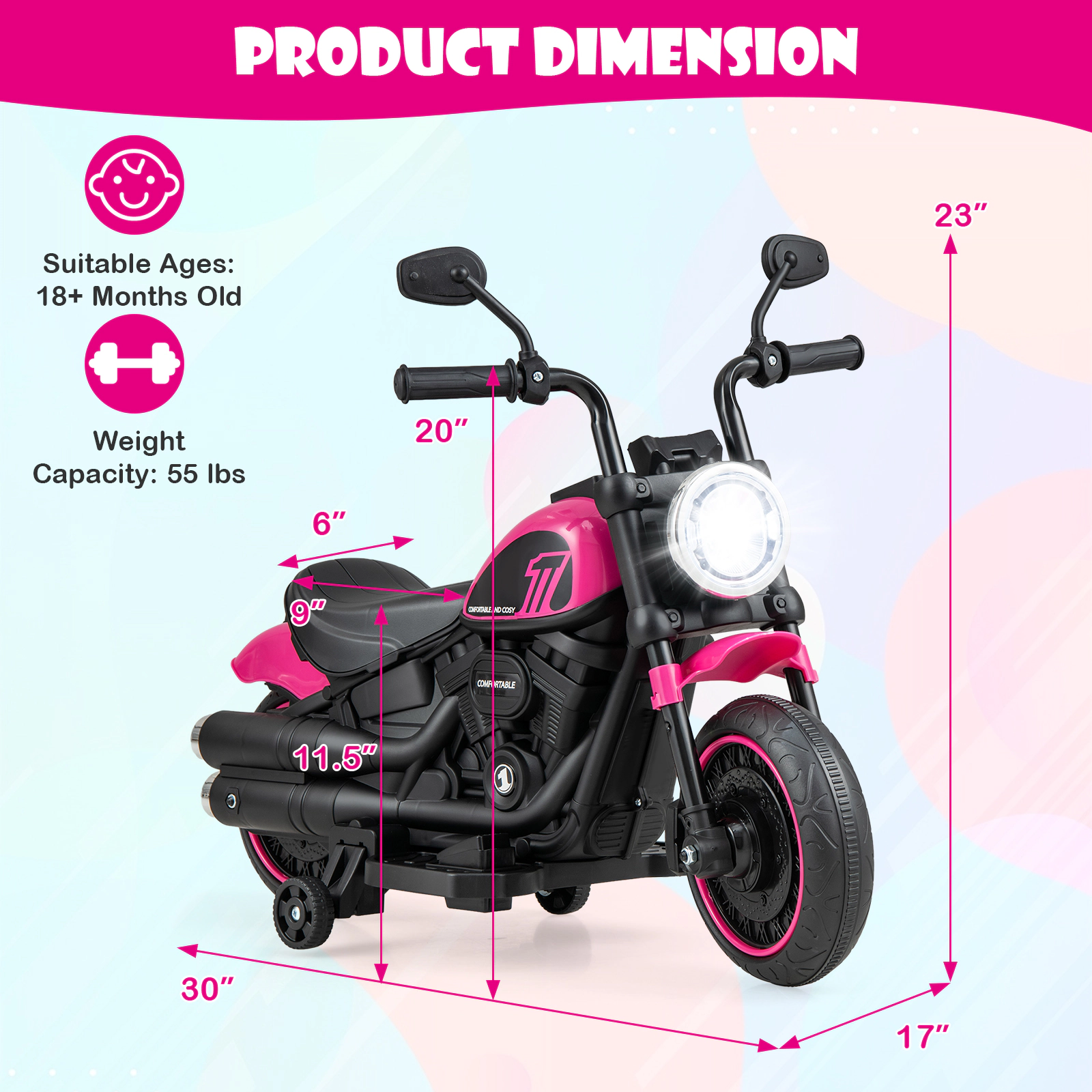 Toddler Electric Motorcycle Removable Training Wheels Slow Start LED Headlight 6V 18 Months+ 55-lb Capacity Pink