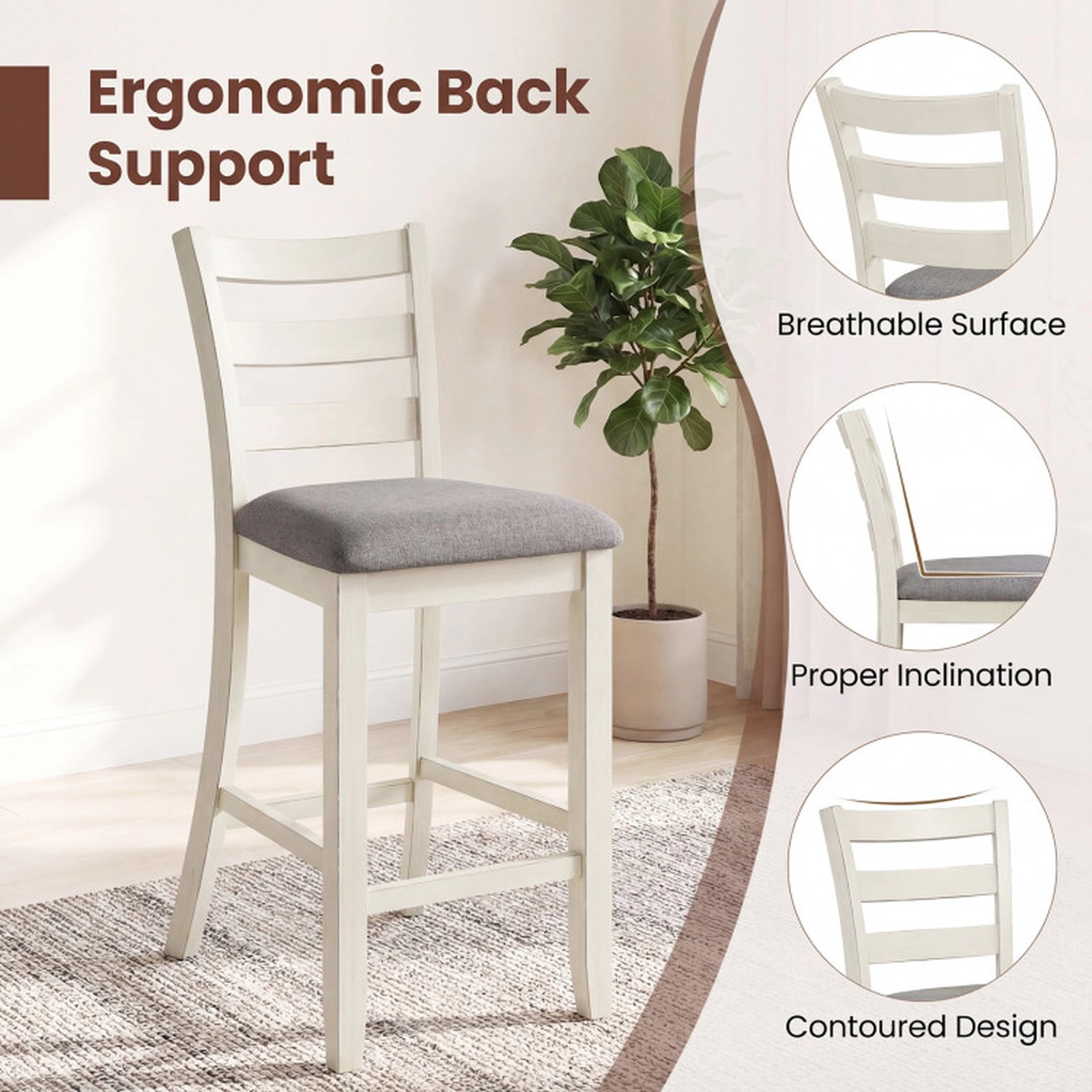SUGIFT Beige Linen Fabric Seat and Rubber Wood Legs 4 Piece Counter Height Chair Set